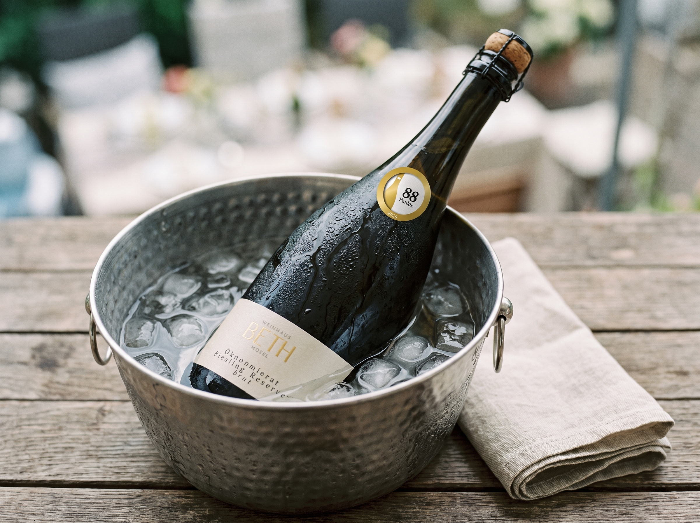Gekühlte Flasche Sekt in Eiswasser