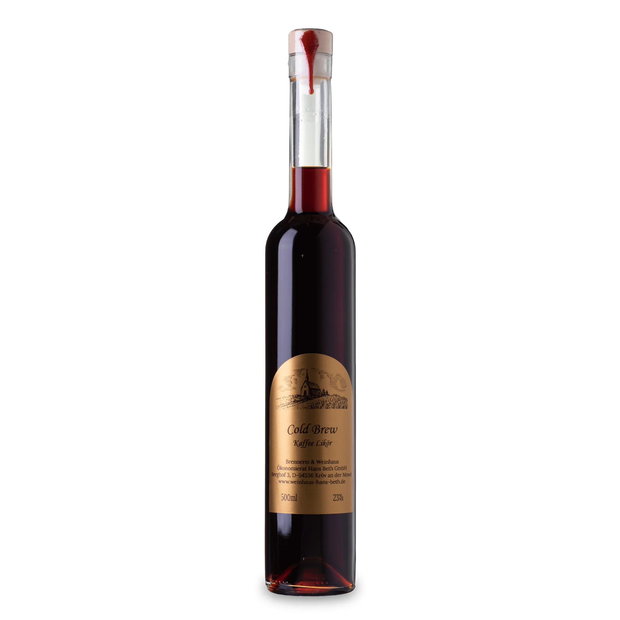 Cold Brew Kaffee-Likör, vollmundiger und weicher Premium-Kaffeelikör vom Weinhaus Beth aus Kröv an der Mosel - Ansicht der 0,5-Liter-Flasche.