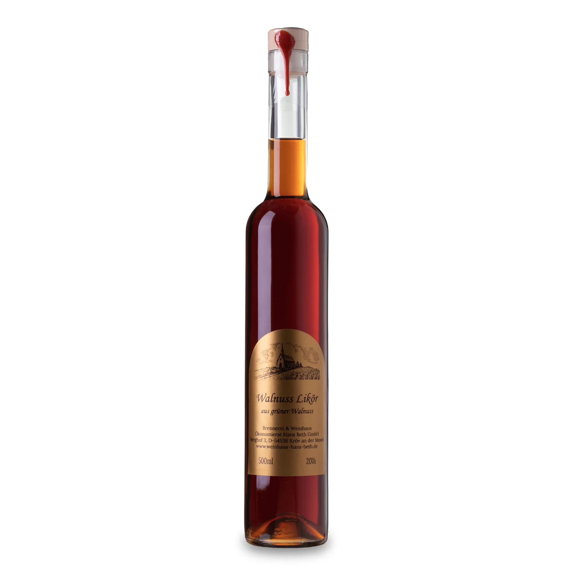Feiner Walnuss-Likör von der Mosel, nussig-süßer und eleganter Dessert-Genuss vom Weinhaus Beth aus Kröv an der Mosel - Ansicht der 0,5-Liter-Flasche.