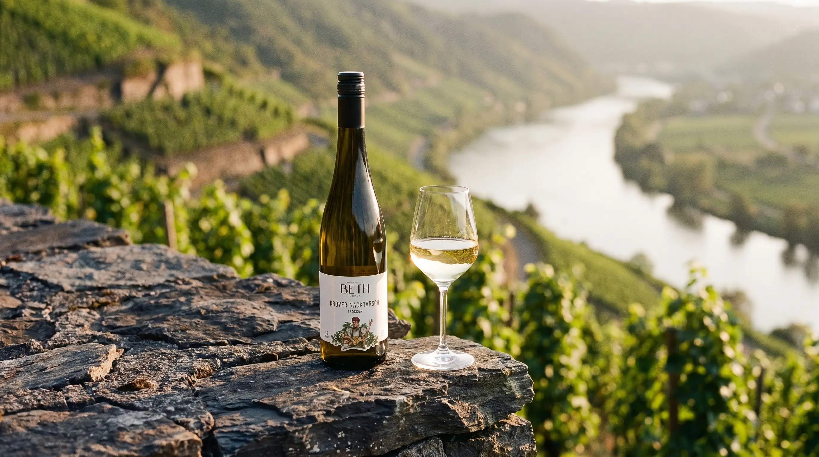 Flasche Wein und Glas in den Weinbergen