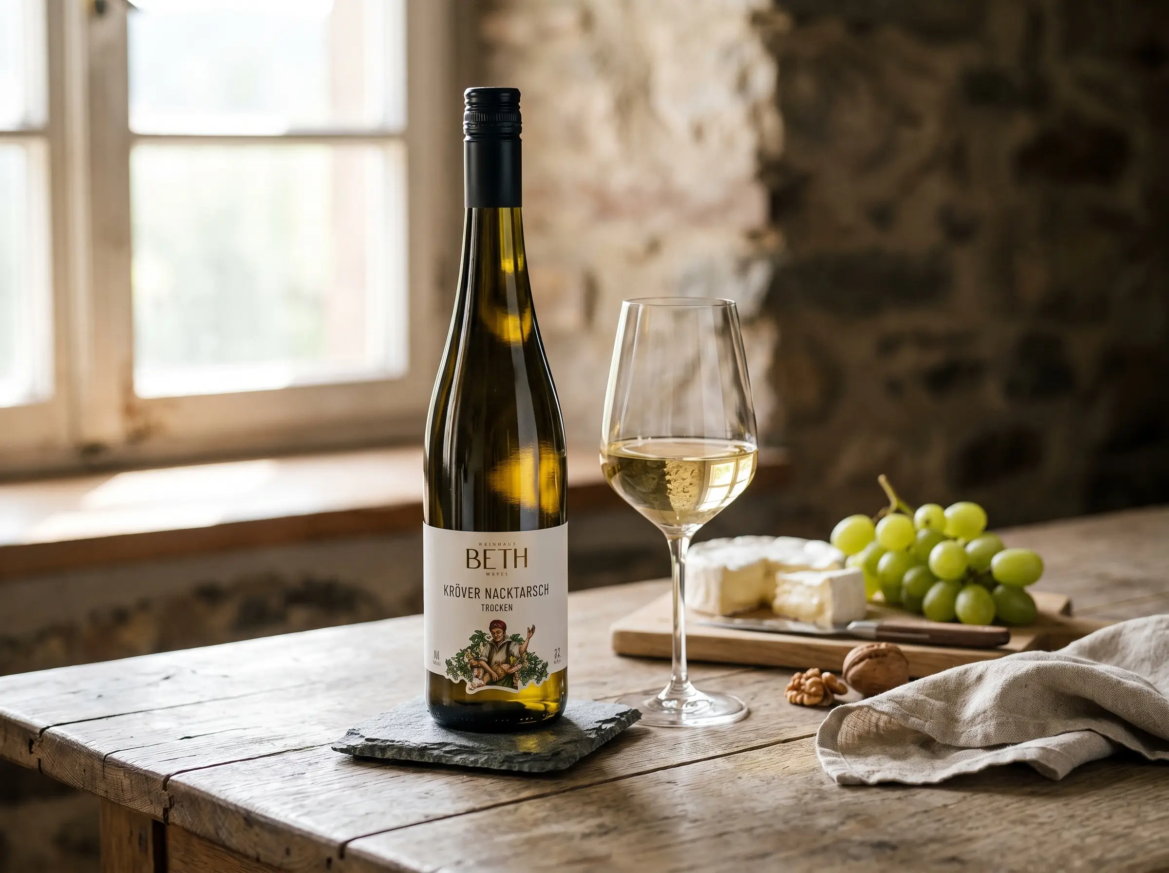 Flasche Wein mit Glas auf einem Tisc mit Trauben und Köse