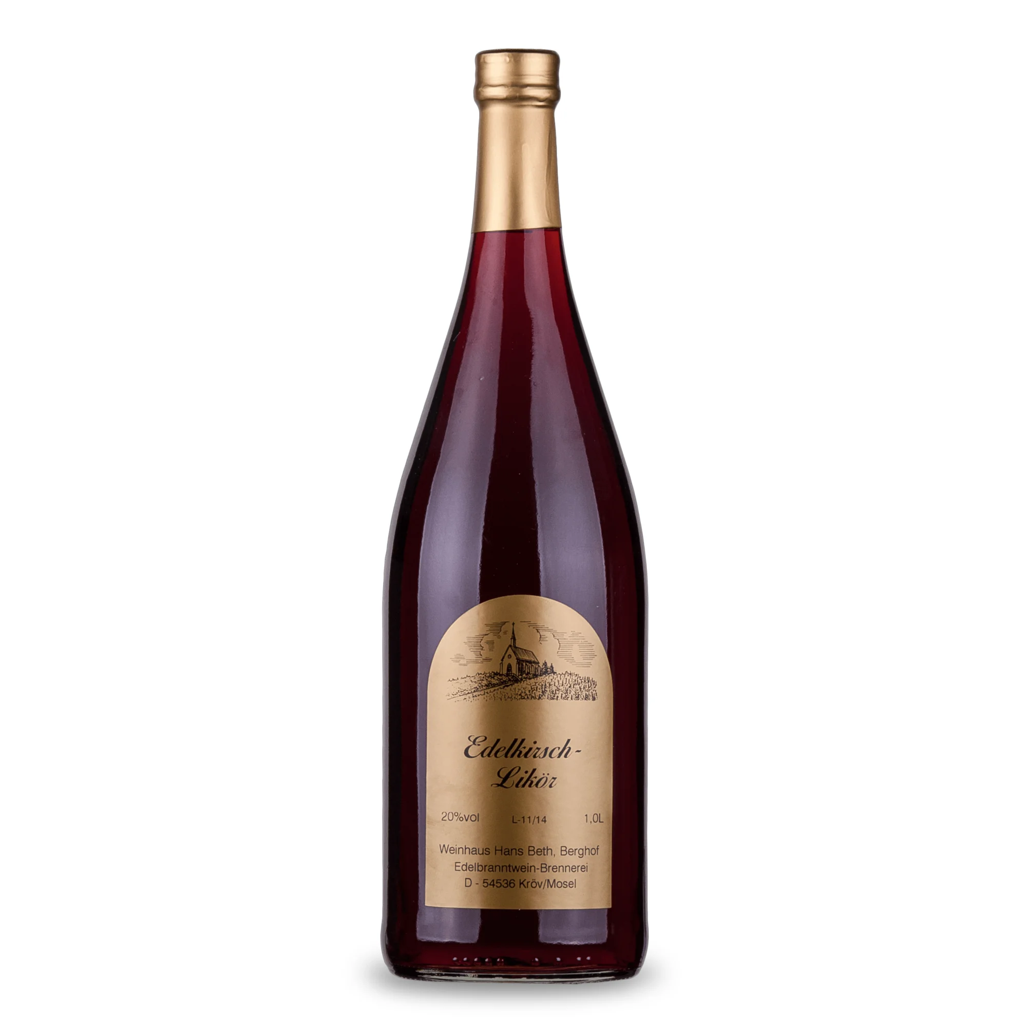 Edelkirsch-Likör, intensiv-fruchtiger und vollmundiger Premium-Kirschlikör vom Weinhaus Beth aus Kröv an der Mosel – Ansicht der 1-Liter-Flasche.