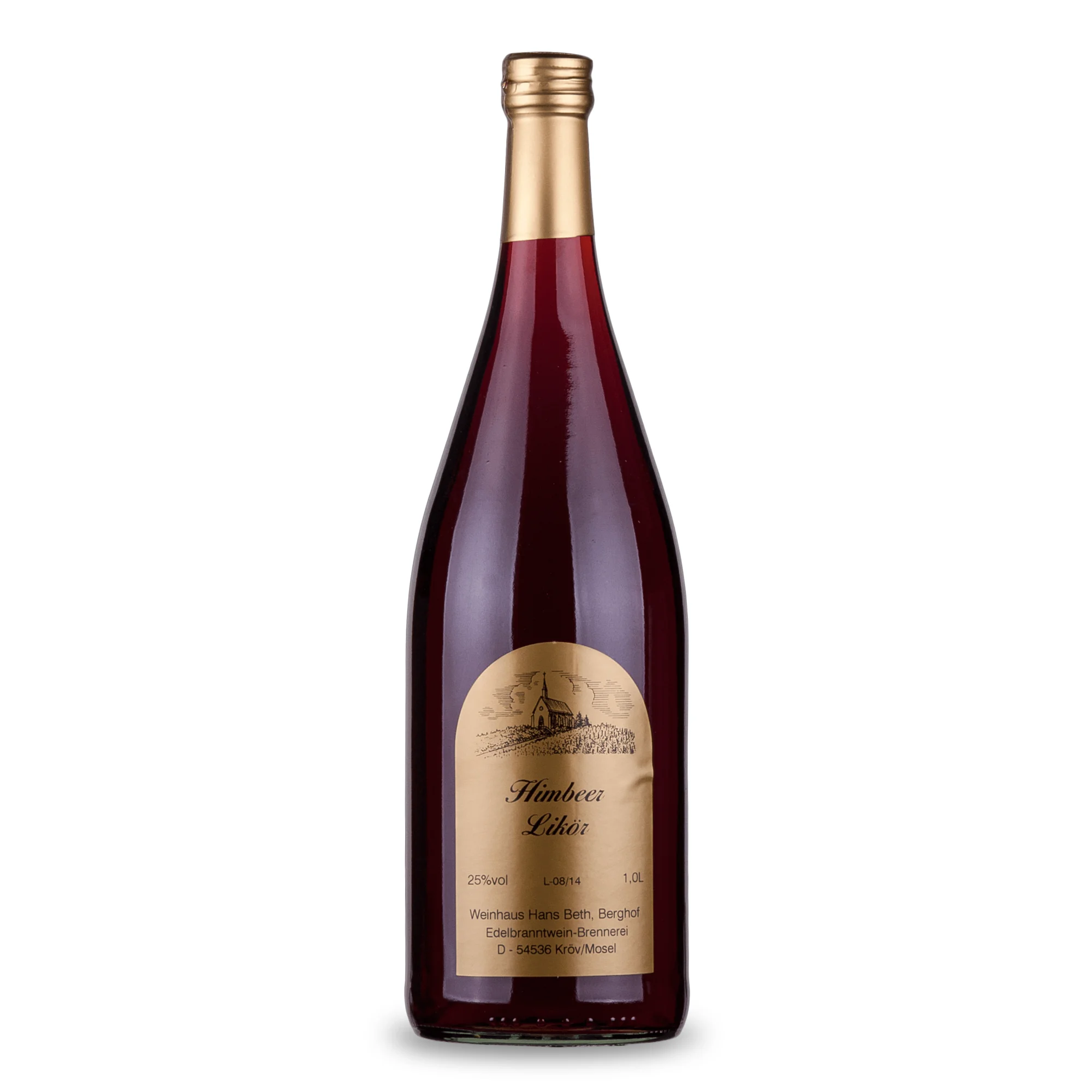 Wald-Himbeer-Likör, fruchtig-süßer und leuchtend roter Premium-Likör aus Waldhimbeeren vom Weinhaus Beth aus Kröv an der Mosel - Ansicht der 1-Liter-Flasche.