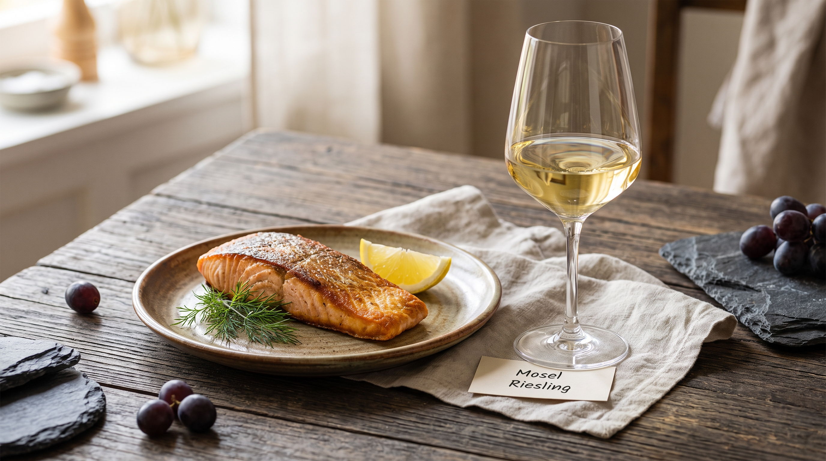 Ein Stück Lachs auf einem Teller. Dabei Ein Glas Wein.