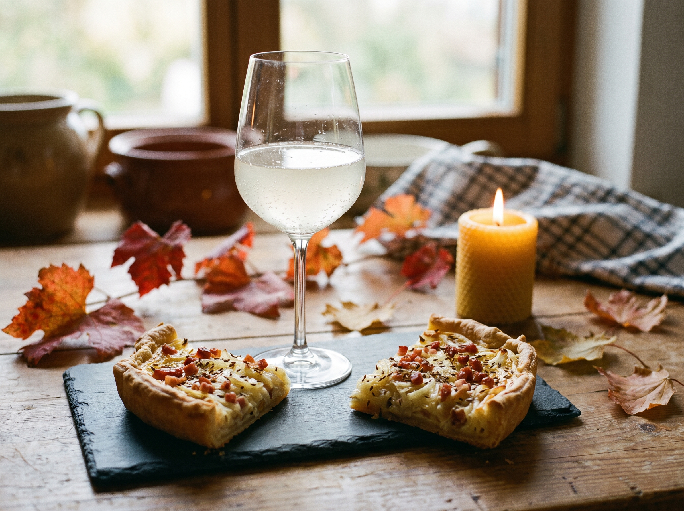 Ein Glas Federweißer steht auf einem Tisch neben zwei Stücken Zwiebelkuchen.