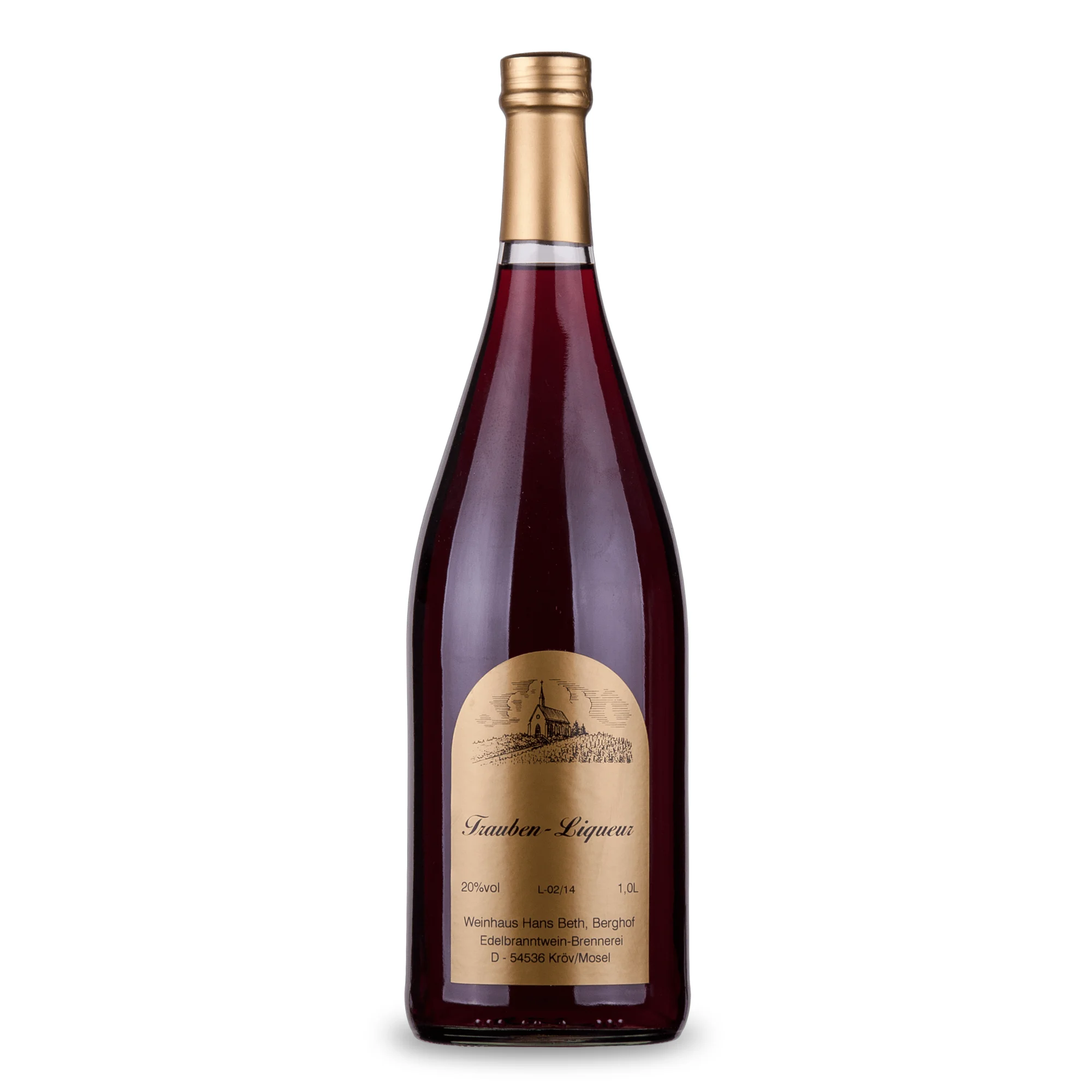 Roter Wein-Likör, samtiger und vollmundiger Premium-Weinlikör vom Weinhaus Beth aus Kröv an der Mosel - Ansicht der 1-Liter-Flasche.