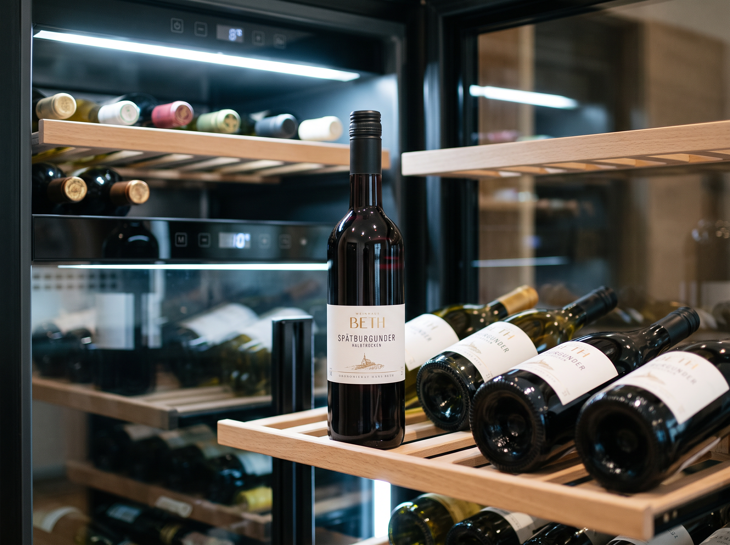 Einige Flaschen Wein liegen in einem Weinkühlschrank.