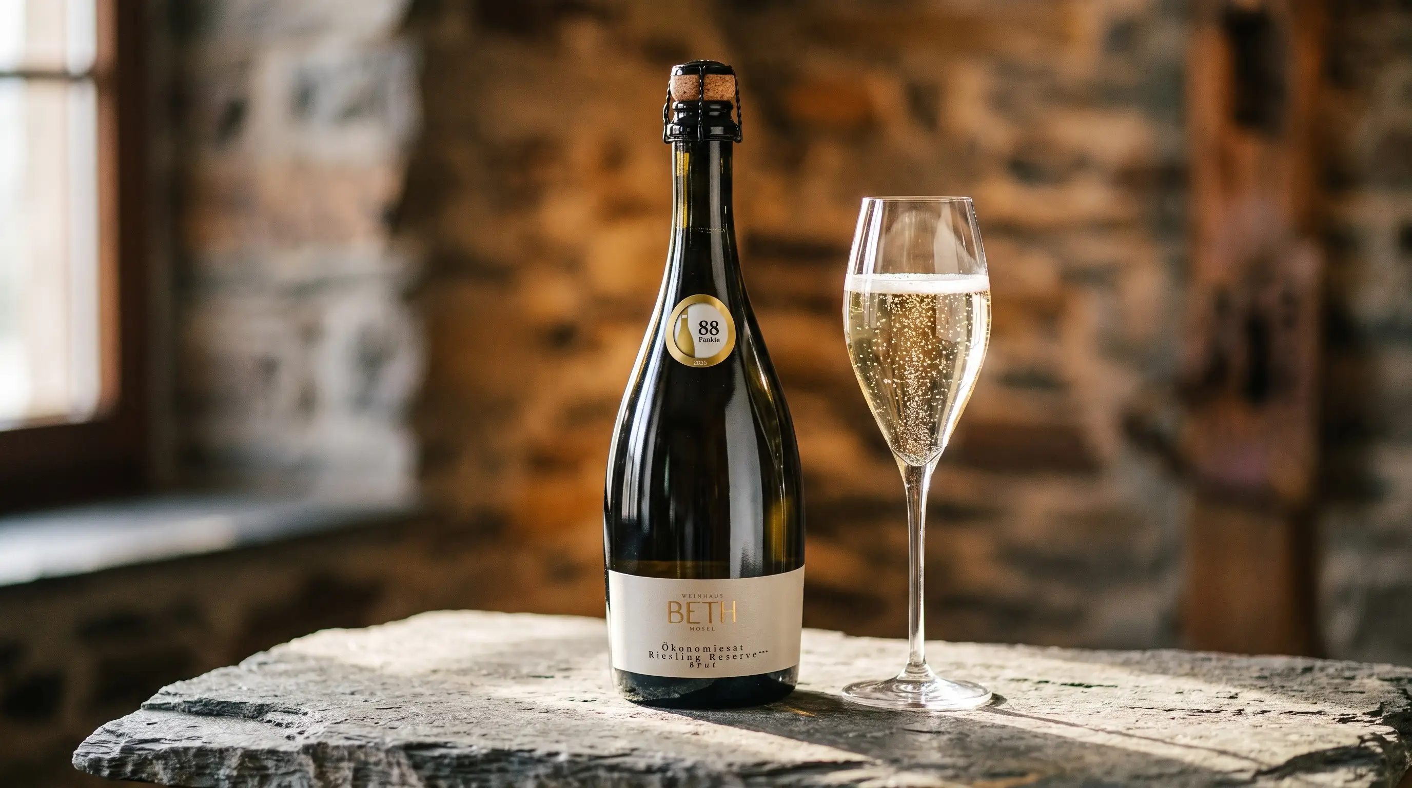 Flasche Sekt auf einem Stein imt einem Glas Sekt daneben