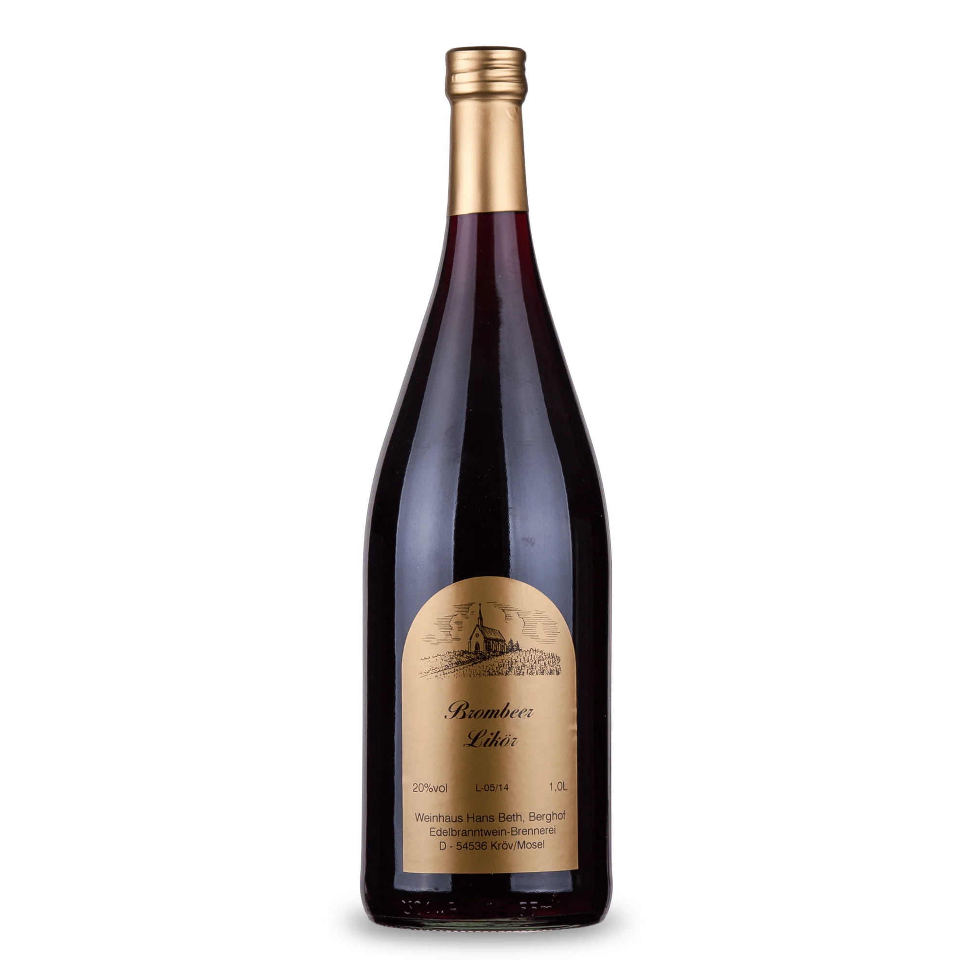 Feiner Brombeer-Likör, intensiv-fruchtiger und tiefdunkler Premium-Beerenlikör vom Weinhaus Beth aus Kröv an der Mosel - Ansicht der 1-Liter-Flasche