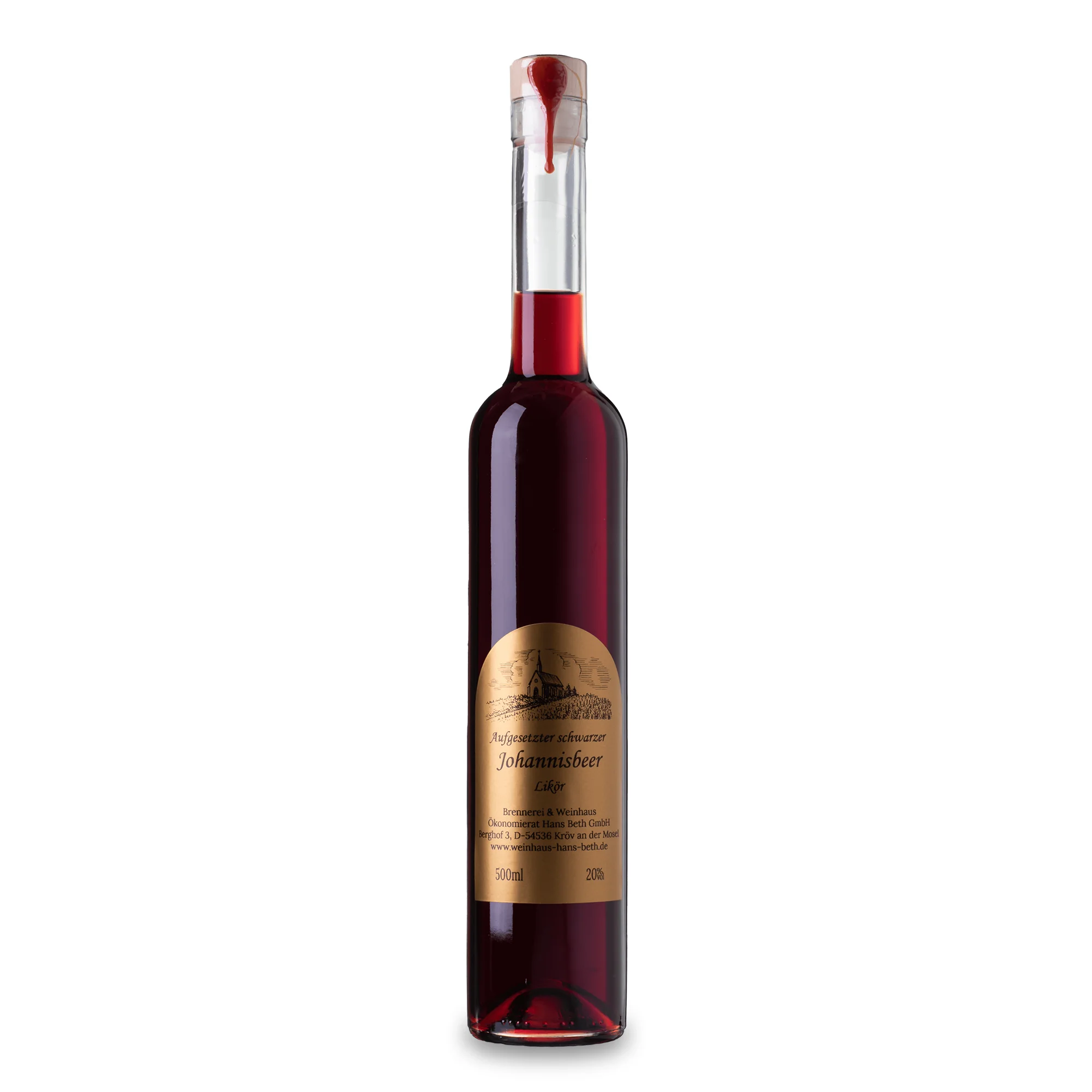 Schwarze Johannisbeer-Likör, tiefroter und fruchtig-herber Premium-Likör (Cassis) vom Weinhaus Beth aus Kröv an der Mosel – Ansicht der 0,5-Liter-Flasche.