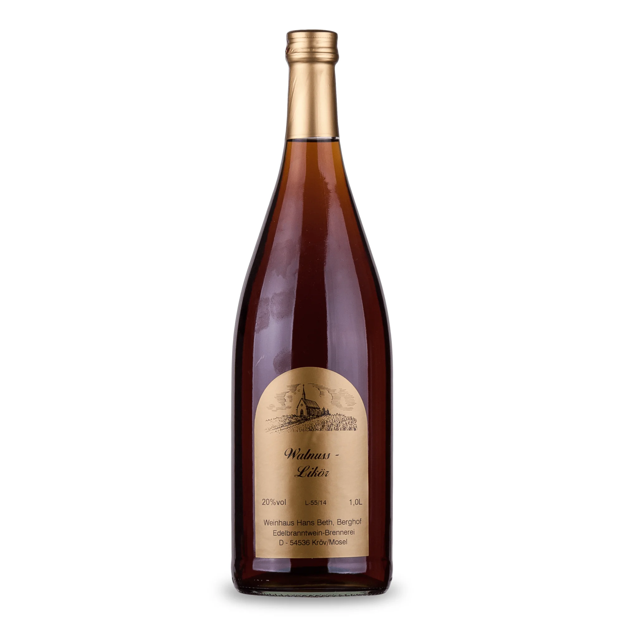 Feiner Walnuss-Likör von der Mosel, nussig-süßer und eleganter Dessert-Genuss vom Weinhaus Beth aus Kröv an der Mosel - Ansicht der 1-Liter-Flasche.