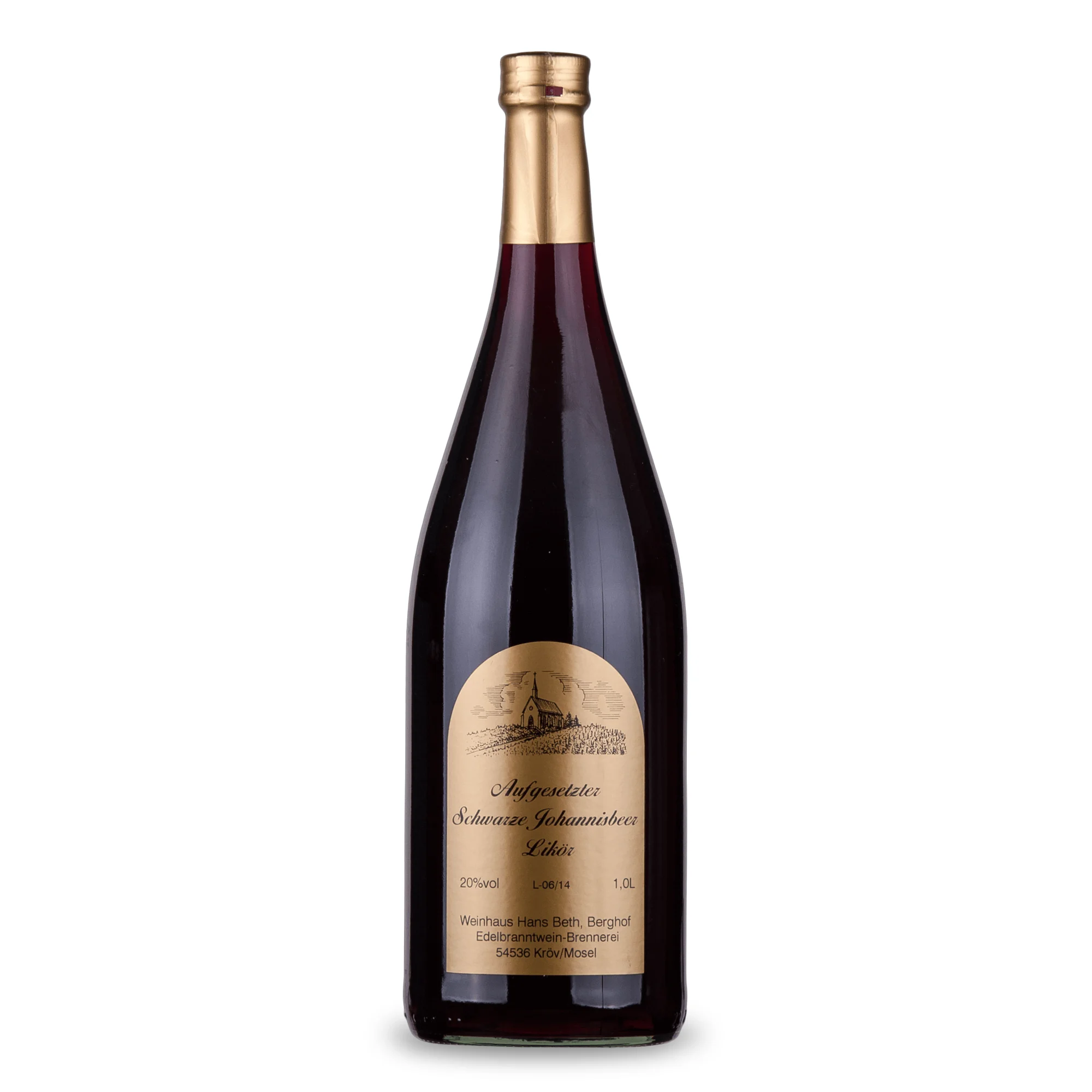 Schwarze Johannisbeer-Likör, tiefroter und fruchtig-herber Premium-Likör (Cassis) vom Weinhaus Beth aus Kröv an der Mosel – Ansicht der 1-Liter-Flasche.