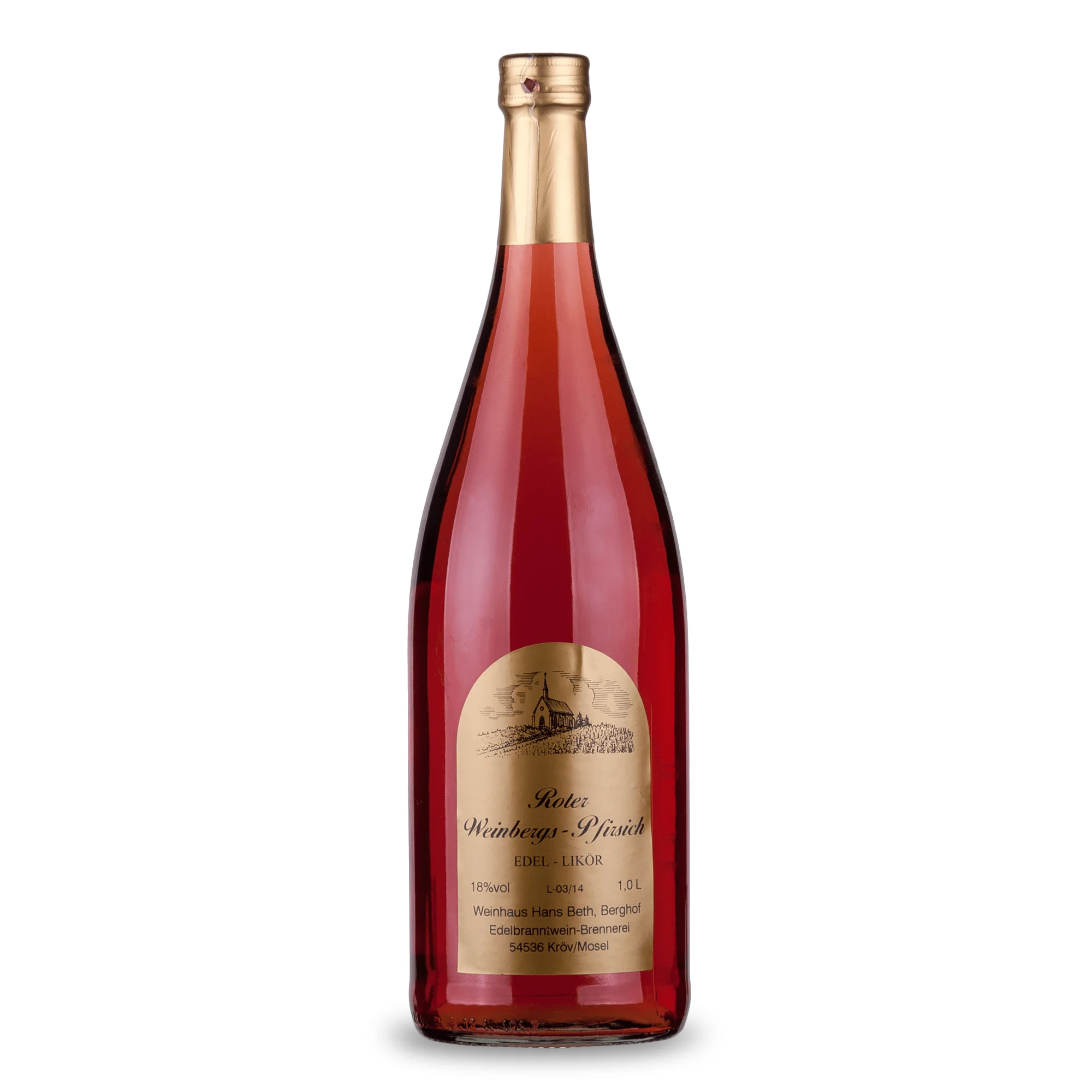 Roter Weinbergpfirsich-Likör, süßer und intensiv-fruchtiger Premium-Likör vom Weinhaus Beth aus Kröv an der Mosel – Ansicht der 1-Liter-Flasche.