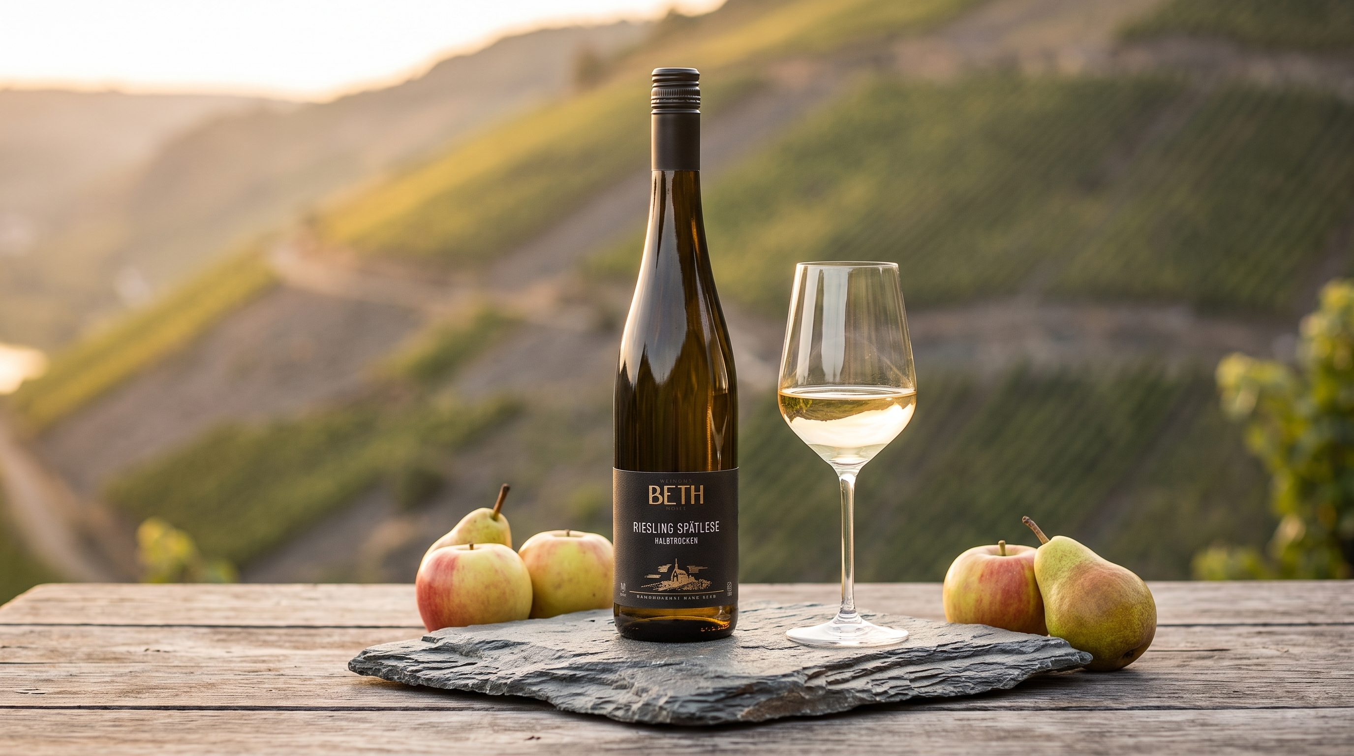 Flasche Wein in den Weinbergen mit einem Glas und Früchten