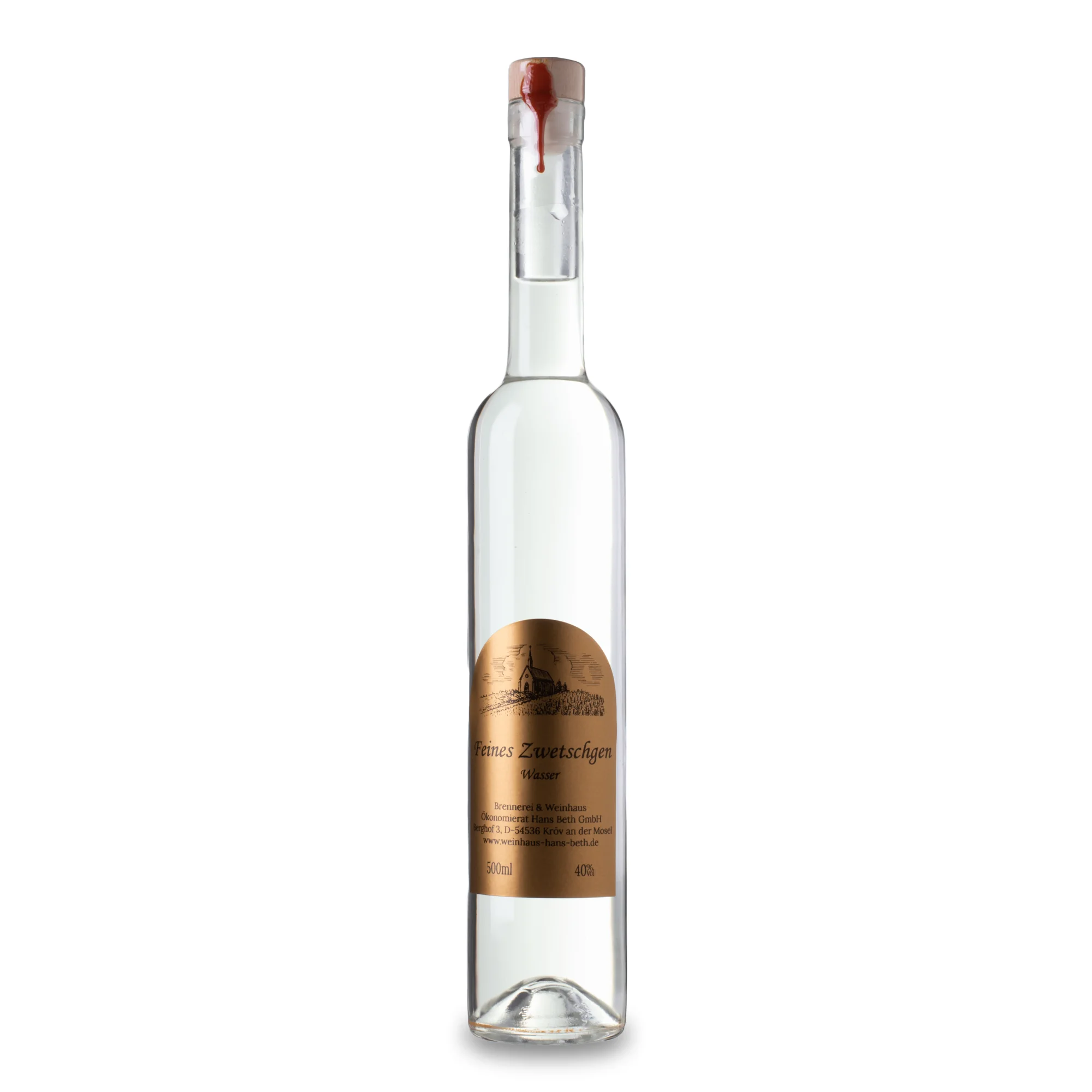 Zwetschgen-Wasser, ausdrucksstarker und fruchtiger Obstbrand aus dunklen Zwetschgen von Weinhaus Beth aus Kröv an der Mosel - Ansicht der 0,5L Flasche