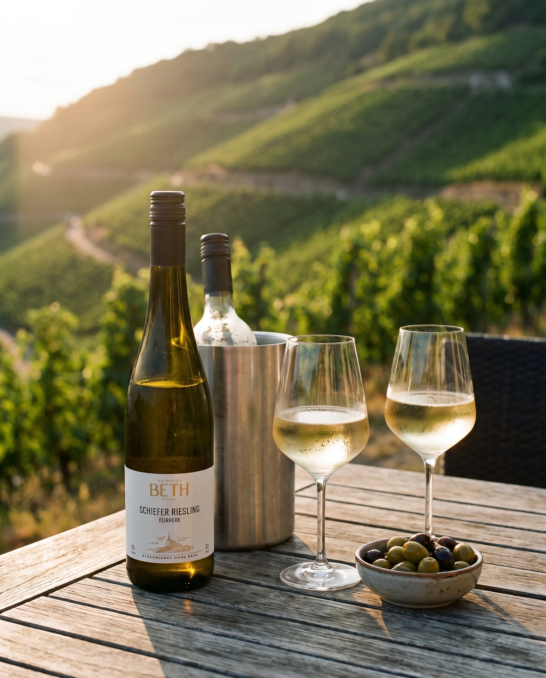 Ein Glas Wein mit 2 Gläsern auf einem Tisch in den Weinbergen mit Oliven