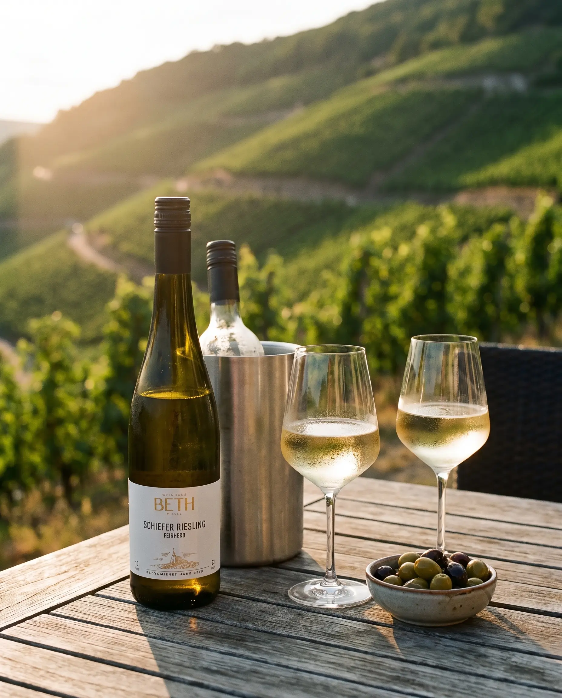 Ein Glas Wein mit 2 Gläsern auf einem Tisch in den Weinbergen mit Oliven