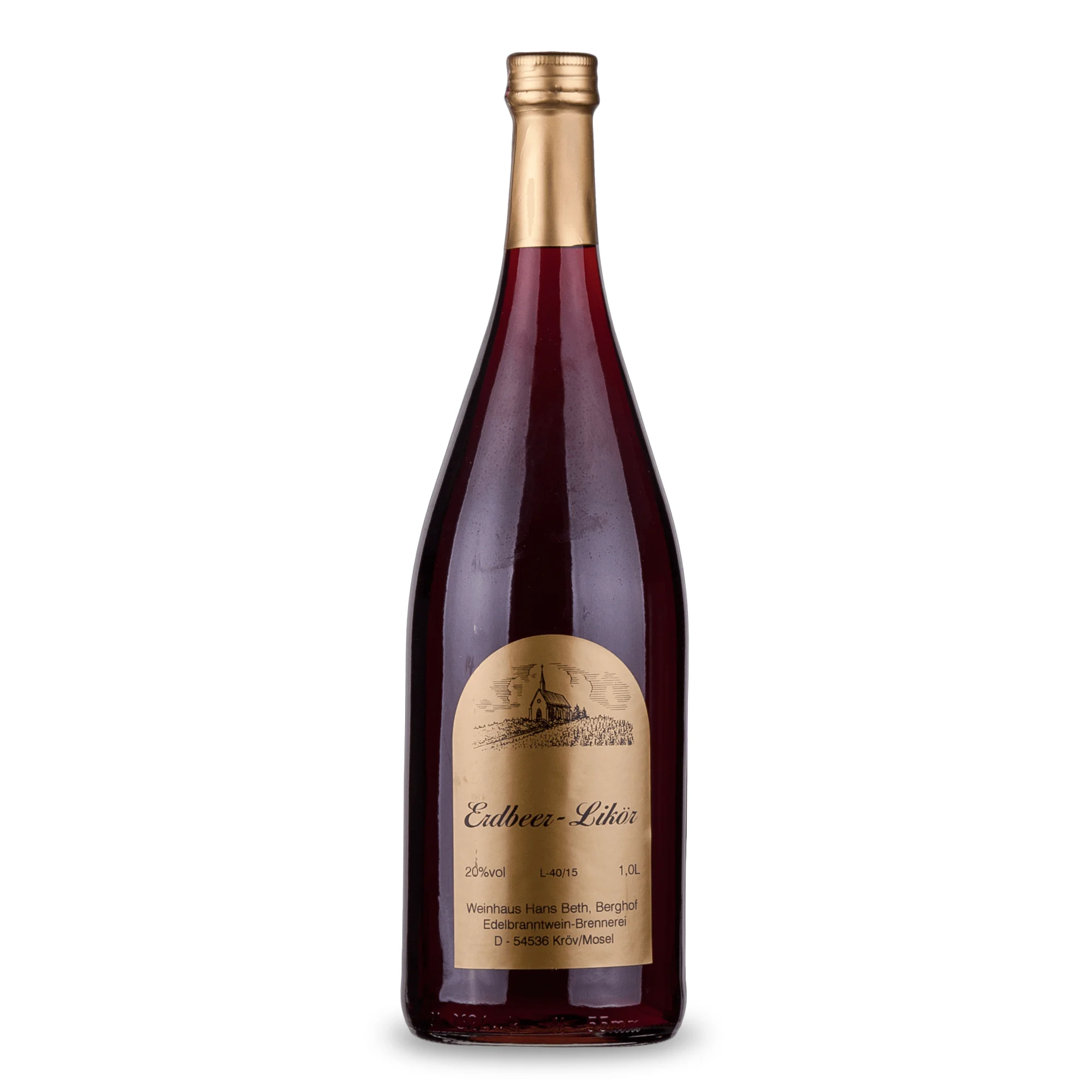 Feiner Erdbeer-Likör, fruchtig-süßer und leuchtend roter Premium-Erdbeerlikör vom Weinhaus Beth aus Kröv an der Mosel - Ansicht der 1-Liter-Flasche.