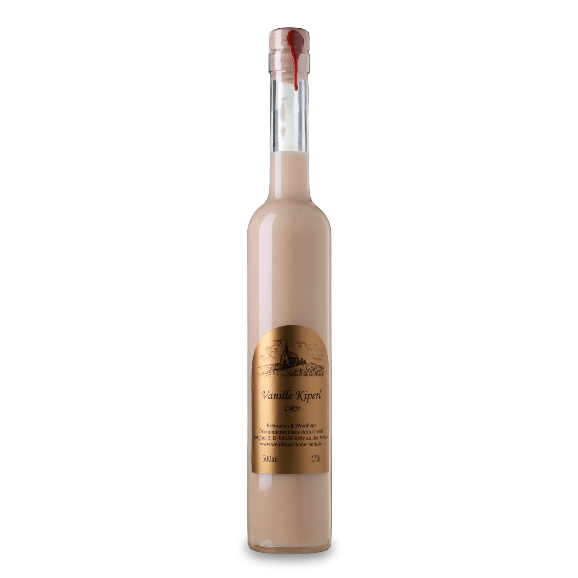 Vanille & Kipferl Sahnelikör, himmlisch cremiger und festlicher Premium-Sahnelikör vom Weinhaus Beth aus Kröv an der Mosel - Ansicht der 0,5-Liter-Flasche.