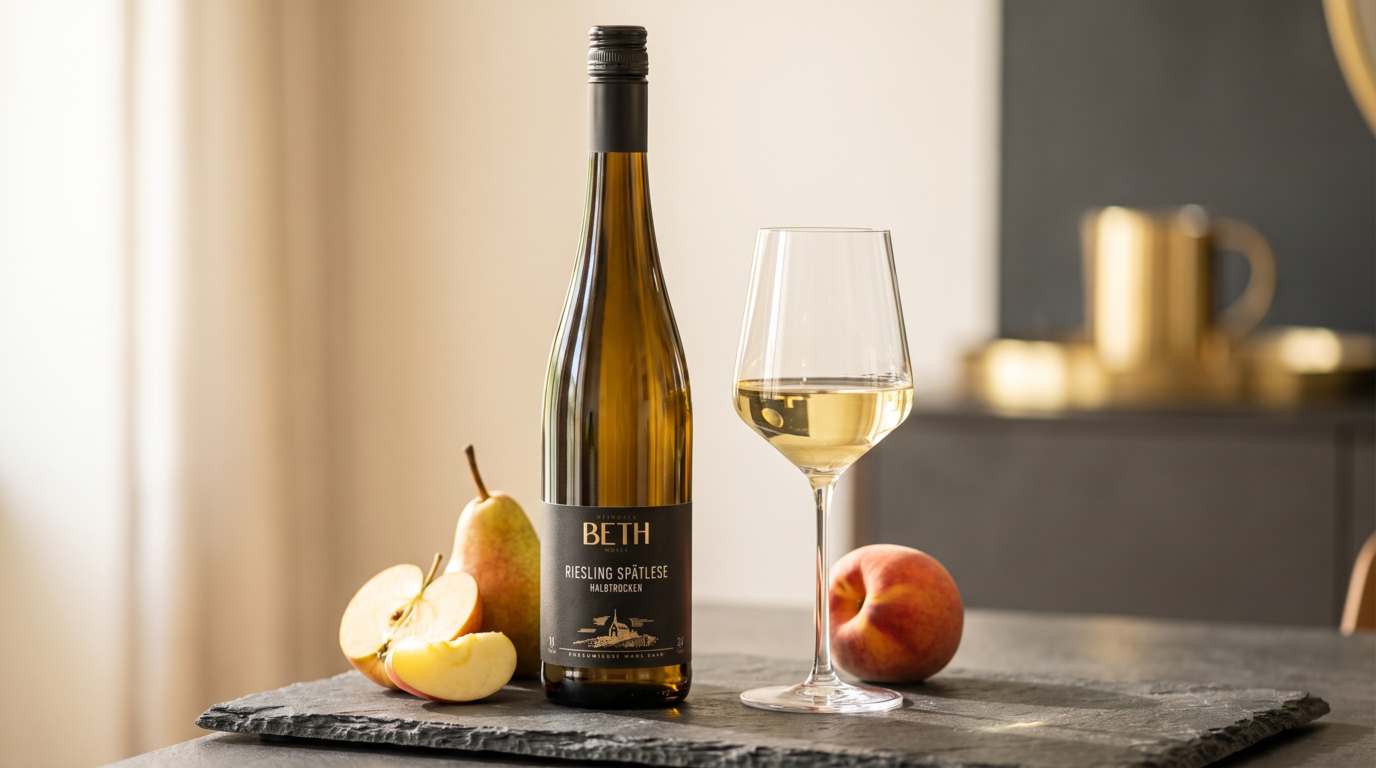 Flasche Wein mit Glas auf einem Tisch mit Obst