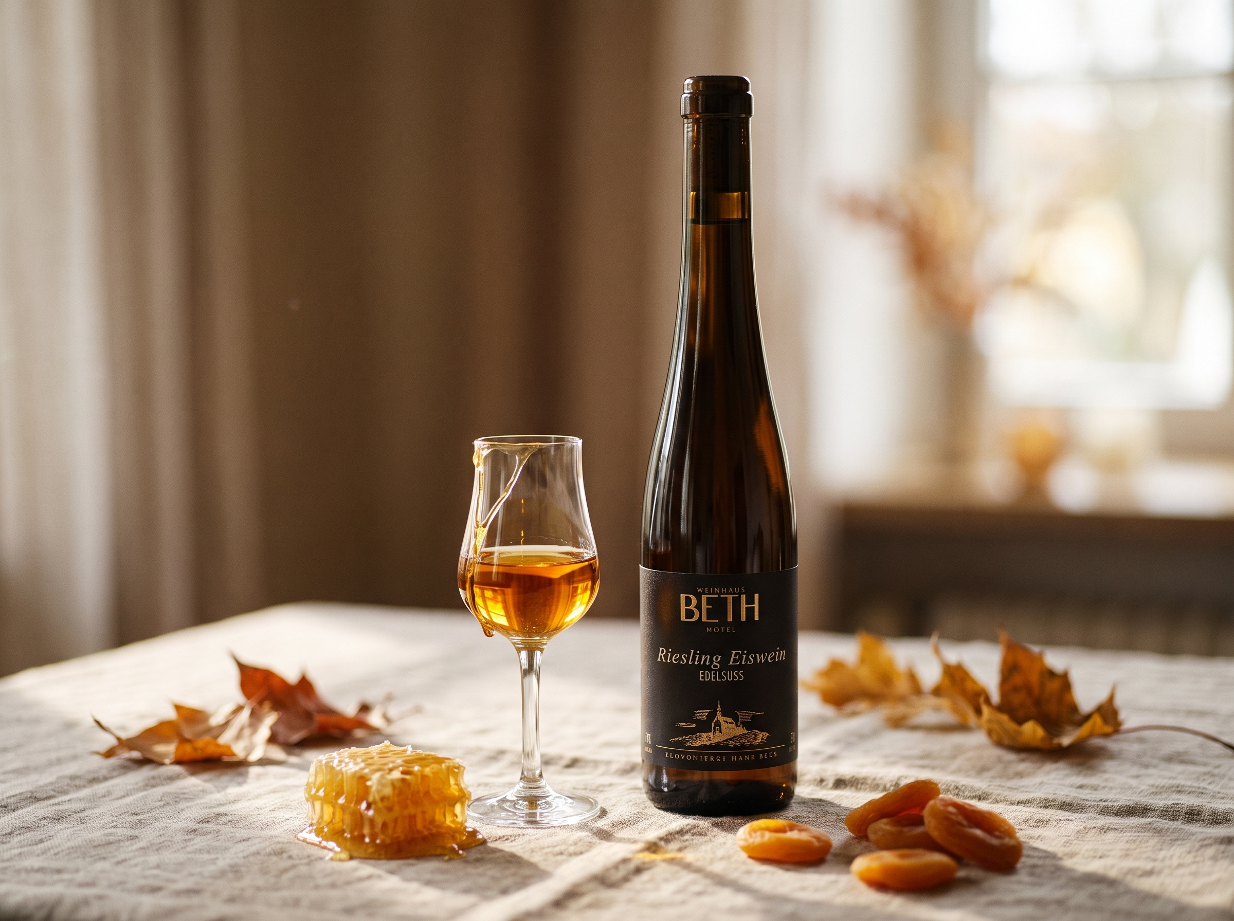 Eine flasche edelsüßer Eiswein mit einem Glas Honig und Blättern