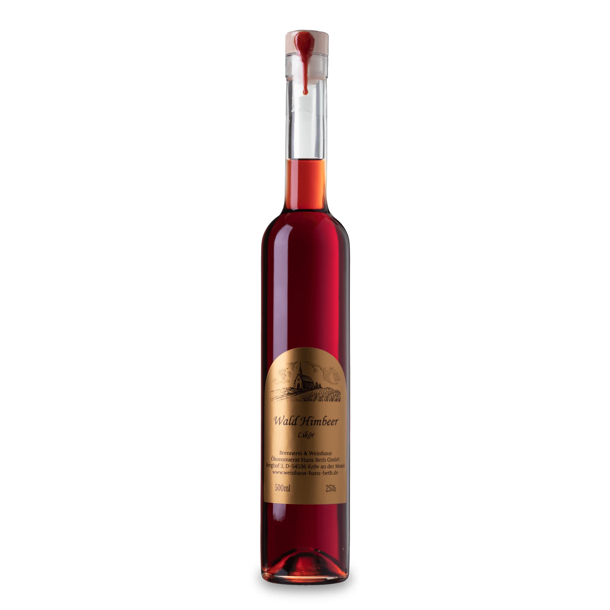 Wald-Himbeer-Likör, fruchtig-süßer und leuchtend roter Premium-Likör aus Waldhimbeeren vom Weinhaus Beth aus Kröv an der Mosel - Ansicht der 0,5-Liter-Flasche.