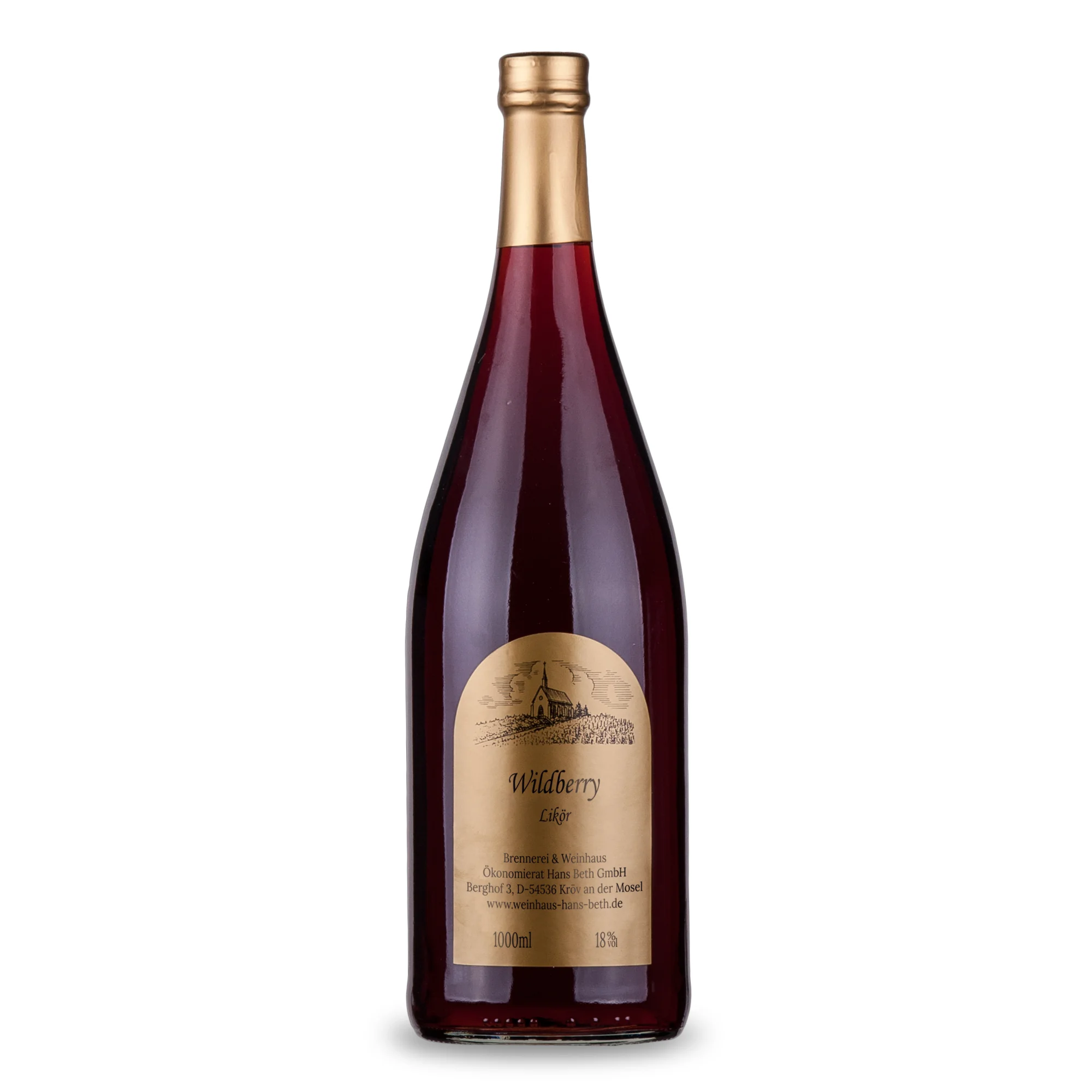 Wildberry-Likör, fruchtig-intensiver und rubinroter Premium-Beerenlikör vom Weinhaus Beth aus Kröv an der Mosel - Ansicht der 1-Liter-Flasche.