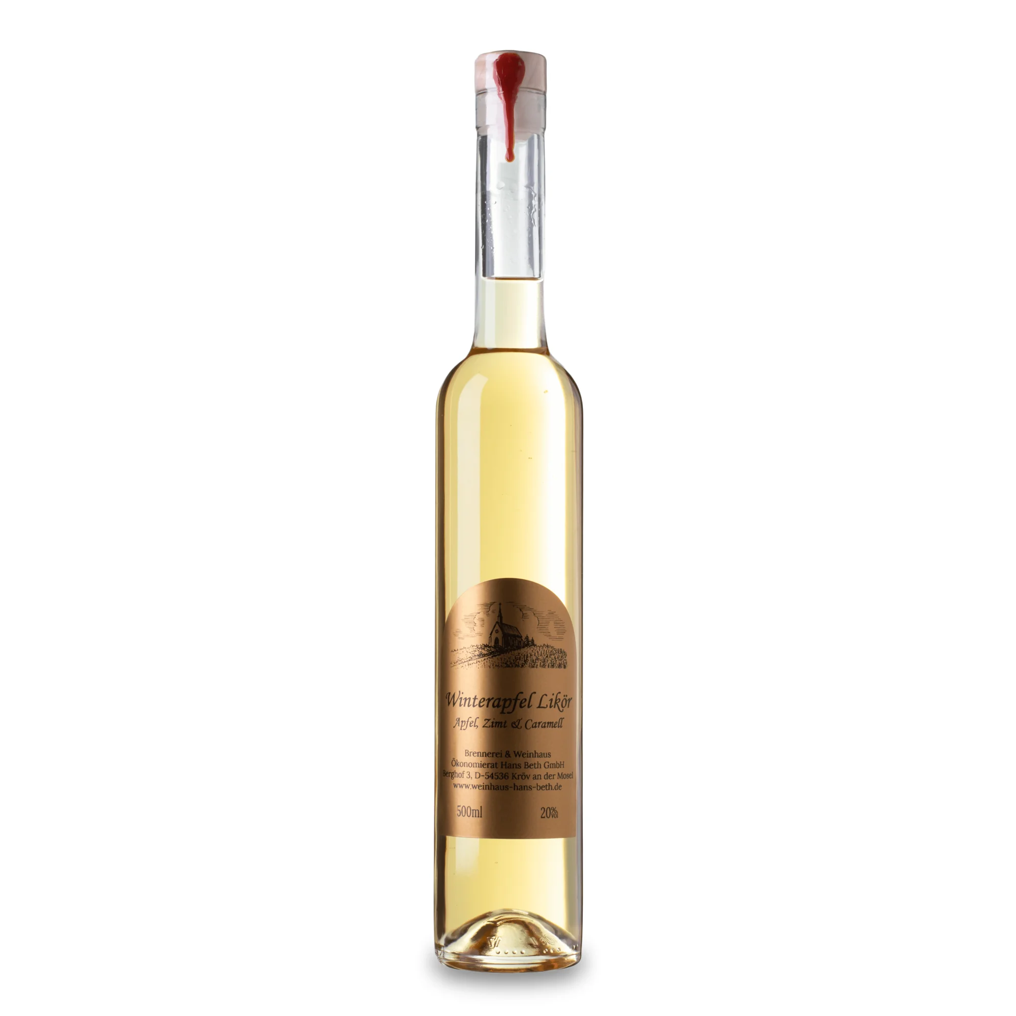Winterapfel-Likör von der Mosel, gemütlicher und weihnachtlicher Genuss vom Weinhaus Beth aus Kröv an der Mosel - Ansicht der 0,5-Liter-Flasche.