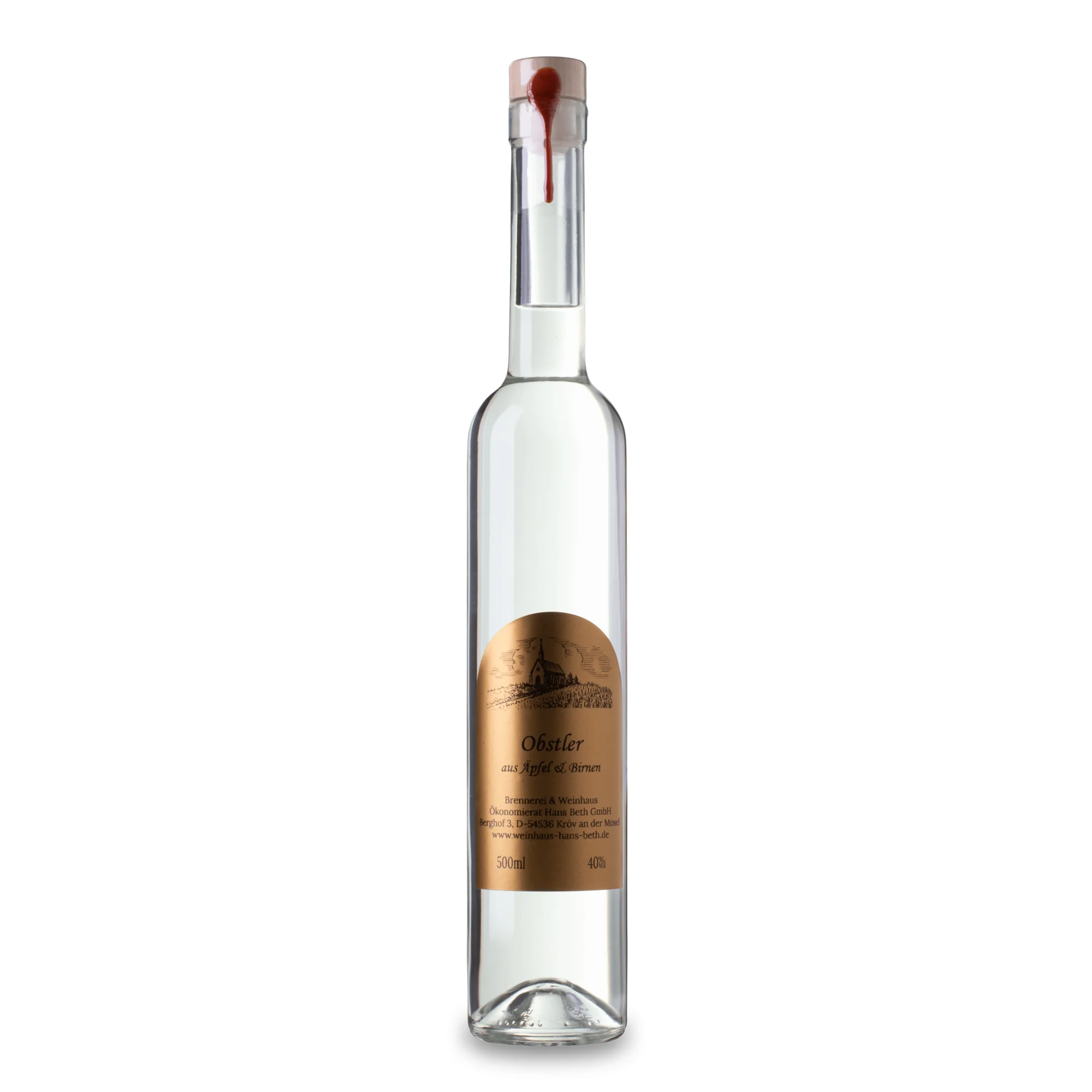 Obstler von der Mosel, ehrlicher und fruchtiger Digestif-Genuss nach einem kräftigen Essen von Weinhaus Beth aus Kröv - Ansicht der 0,5L Flasche