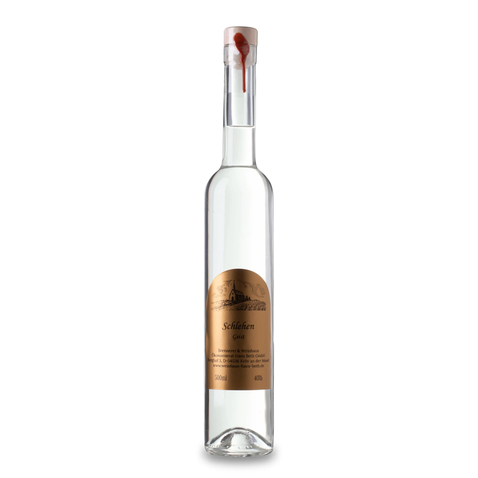 Schlehen-Geist, edler und wildfruchtiger Premium-Geist von Weinhaus Beth aus Kröv an der Mosel - Ansicht der 0,5L Flasche