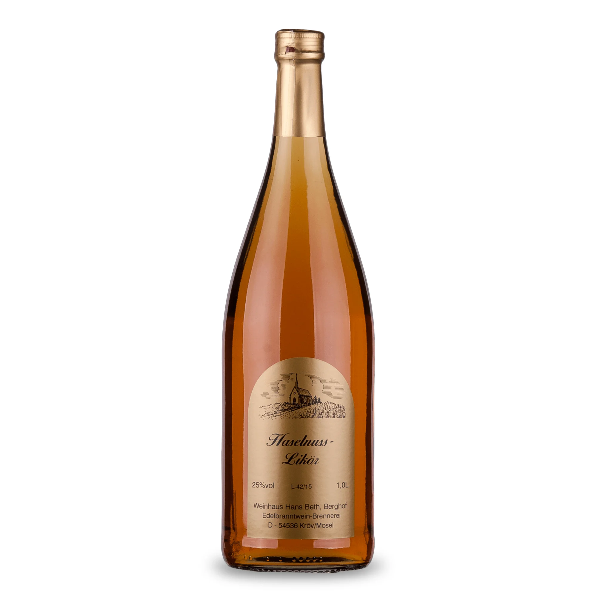Haselnuss-Likör, süßer und nussig-intensiver Premium-Likör vom Weinhaus Beth aus Kröv an der Mosel - Ansicht der 1-Liter-Flasche