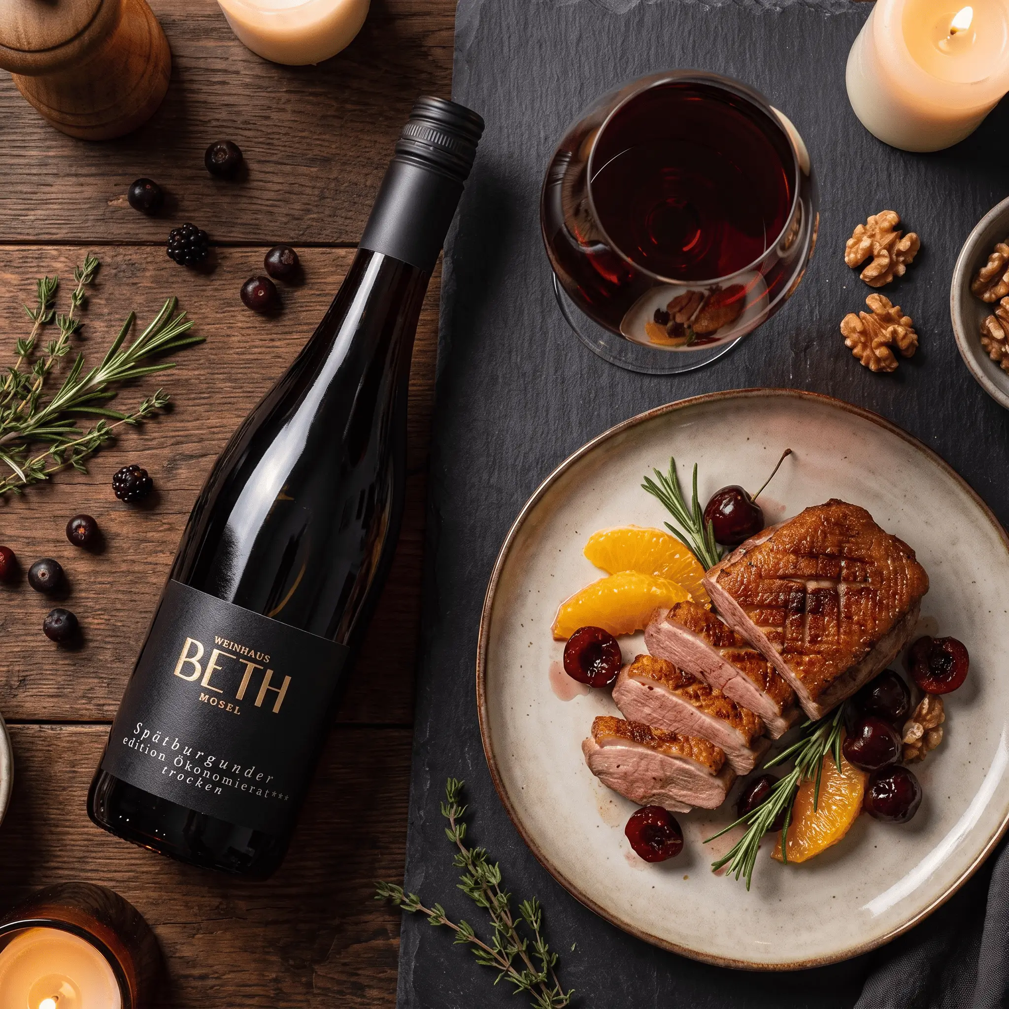 liegende Flasche Rotwein 2indWood Cuvee aus Spätburgunde rund Dornfelder mit Ente