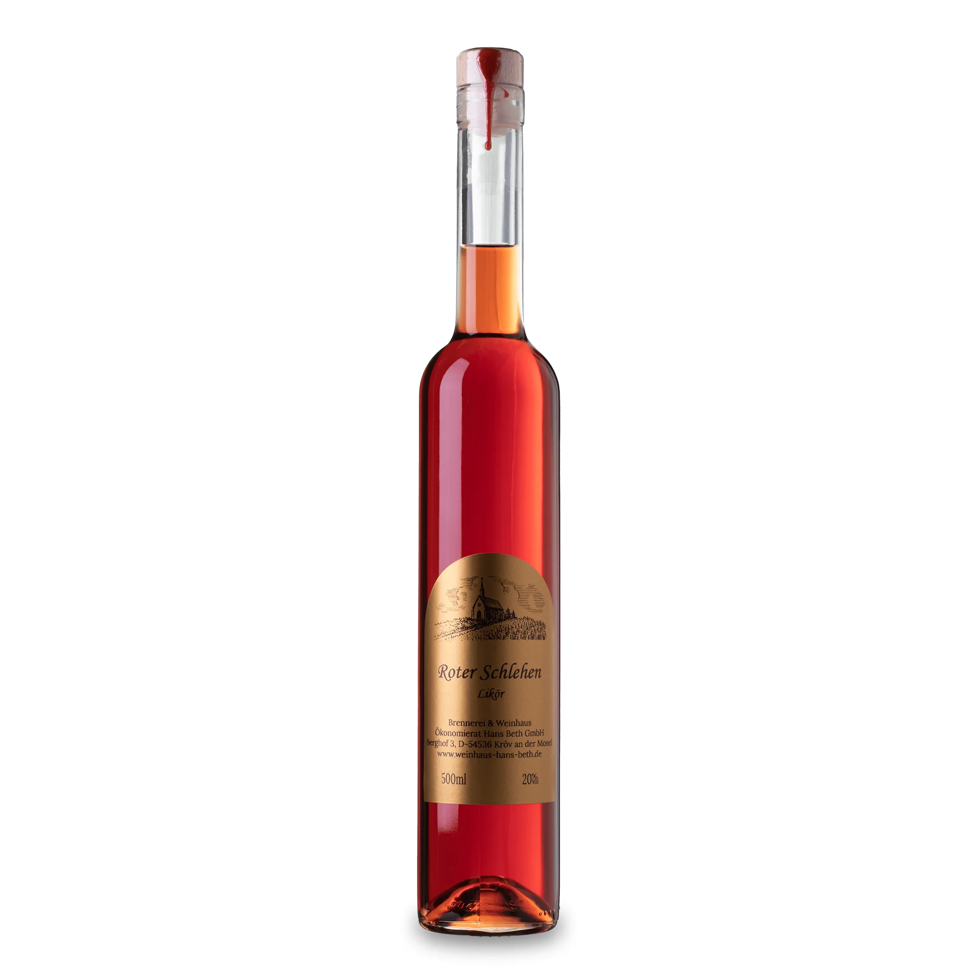 Roter Schlehen-Likör, süß-fruchtiger und tiefroter Wildfrucht-Likör in der 0,5L von Weinhaus Beth aus Kröv an der Mosel - Ansicht der Flasche