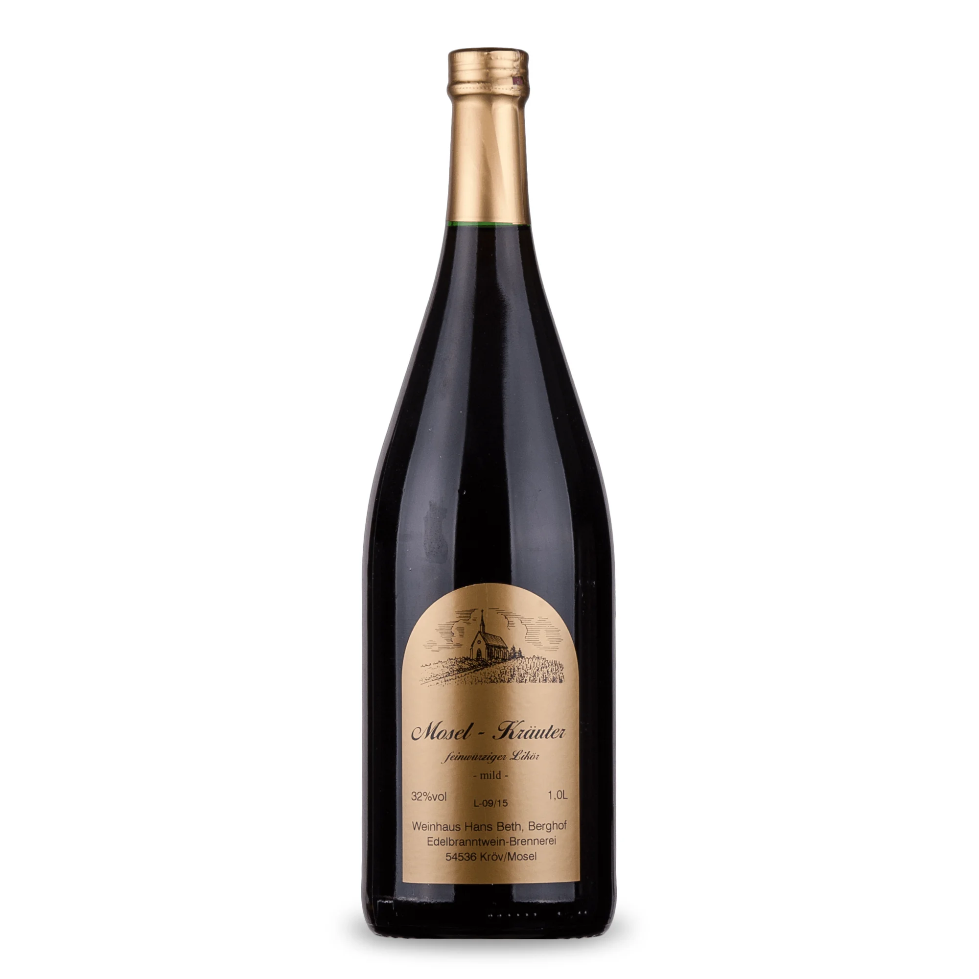 Mosel Kräuter-Likör, würzig-harmonischer und traditioneller Premium-Kräuterlikör vom Weinhaus Beth aus Kröv an der Mosel – Ansicht der 1-Liter-Flasche