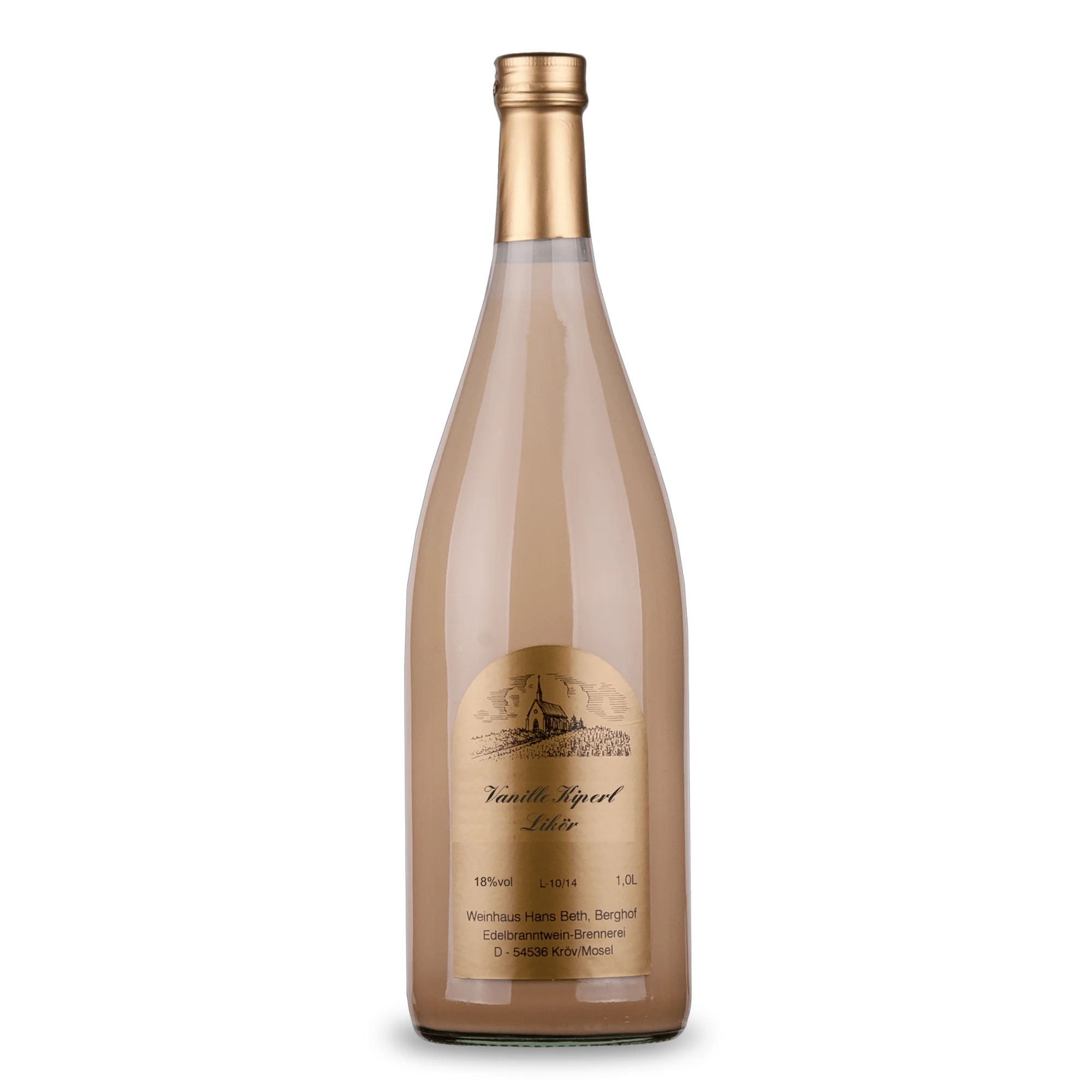 Vanille & Kipferl Sahnelikör, himmlisch cremiger und festlicher Premium-Sahnelikör vom Weinhaus Beth aus Kröv an der Mosel - Ansicht der 1-Liter-Flasche.