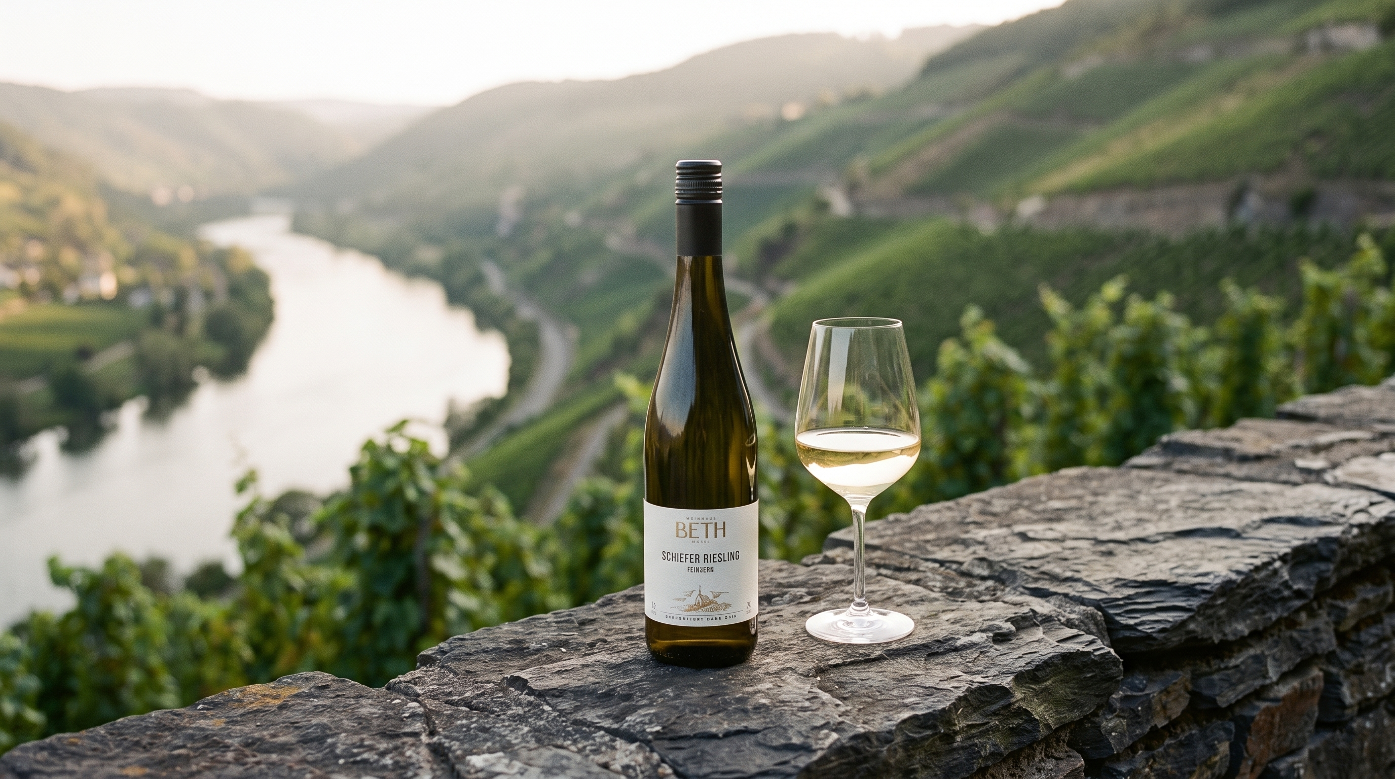 Eine Flasche feinherber Wein auf einer mauer in den Weinbergen