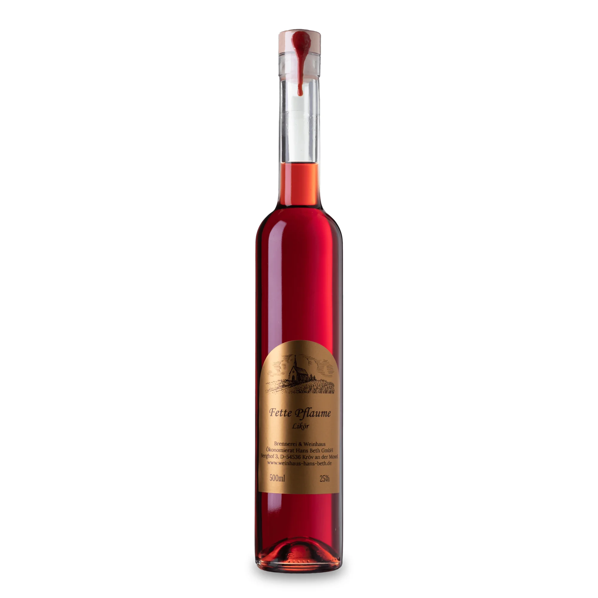 Pflaumen-Likör, süß-fruchtiger und vollmundiger Premium-Likör aus reifen Pflaumen vom Weinhaus Beth aus Kröv an der Mosel – Ansicht der 0,5-Liter-Flasche