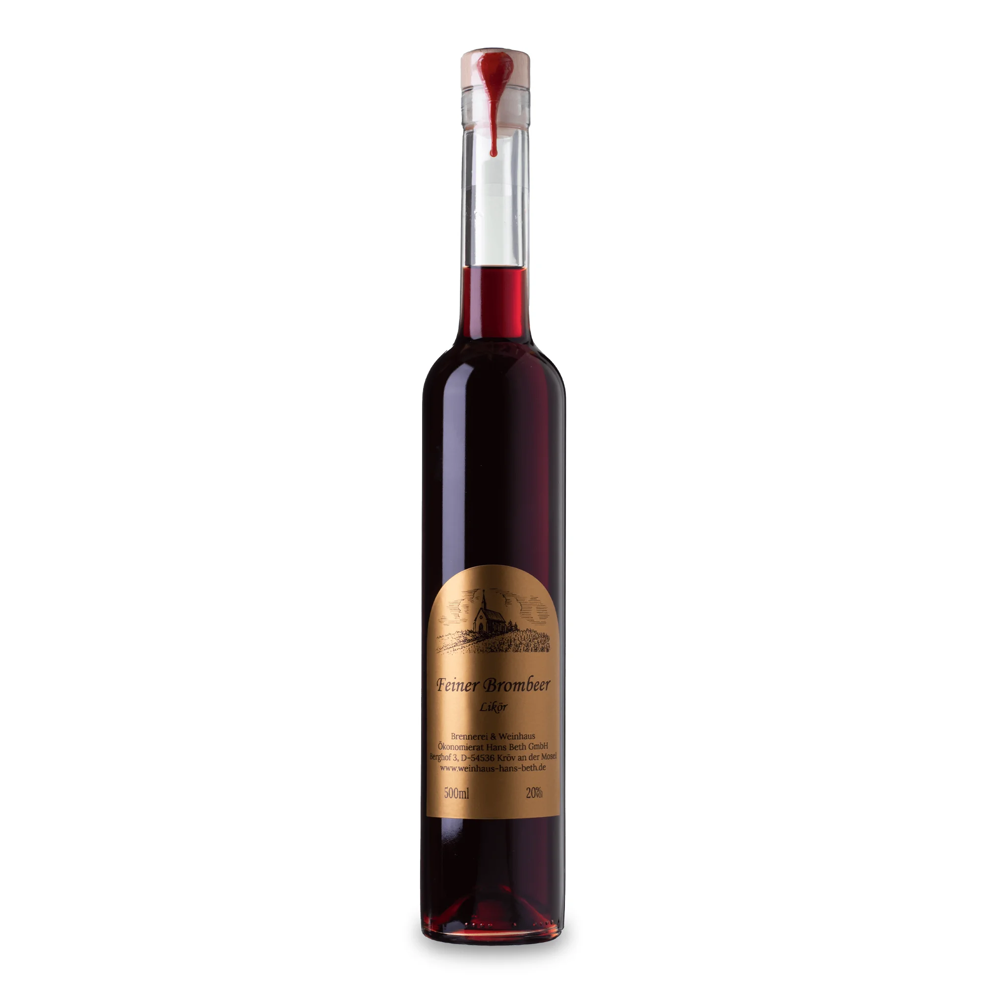 Feiner Brombeer-Likör, intensiv-fruchtiger und tiefdunkler Premium-Beerenlikör vom Weinhaus Beth aus Kröv an der Mosel - Ansicht der 0,5-Liter-Flasche