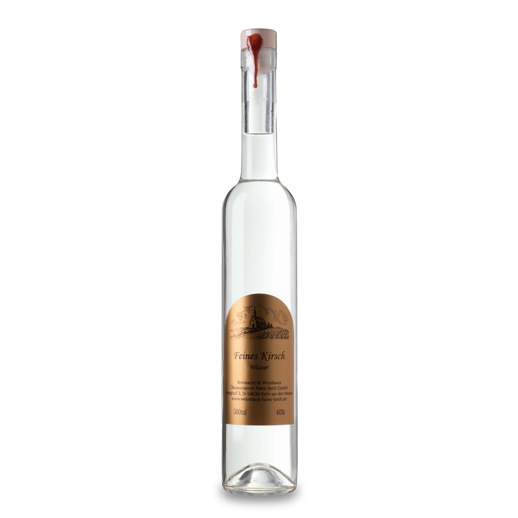 Kirsch-Wasser, klassischer und intensiv-fruchtiger Obstbrand aus sonnengereiften Kirschen von Weinhaus Beth aus Kröv an der Mosel - Ansicht der 0,5L Flasche