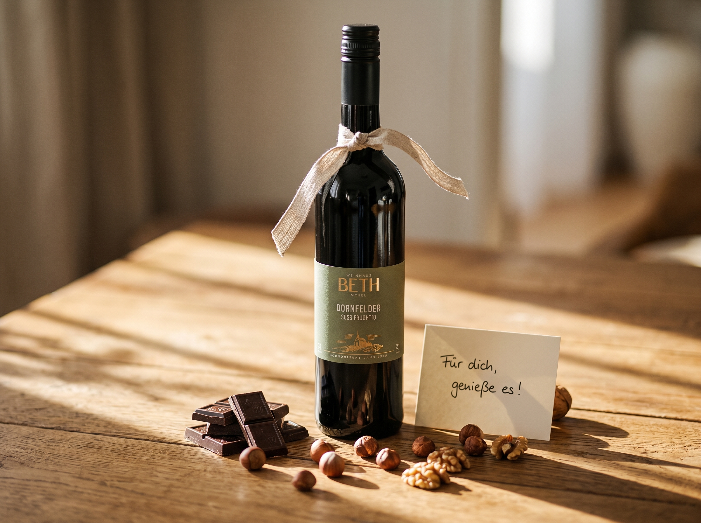 Rotwein Flasche auf dem Tisch mit einem Geschenkzettel