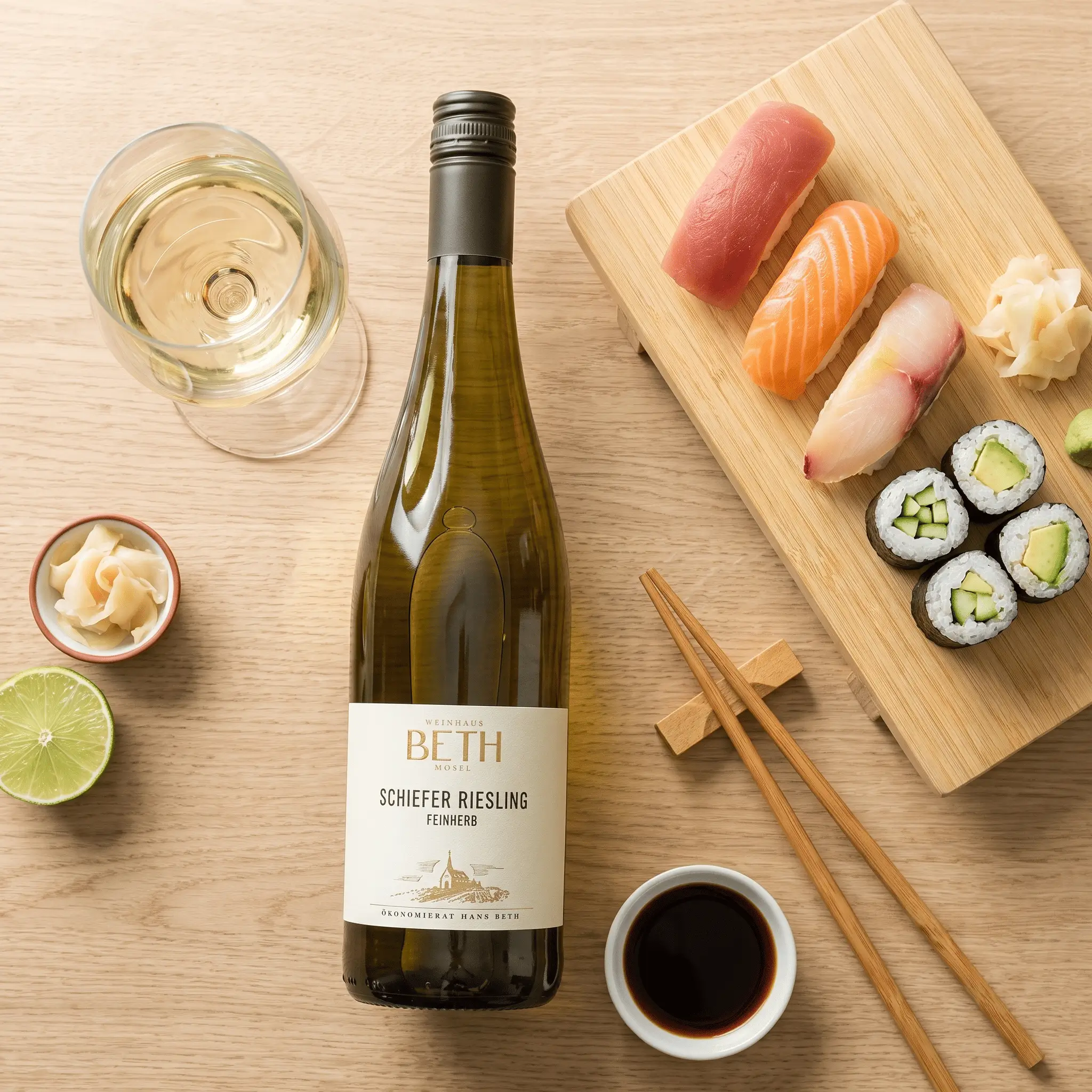 Sushi mit prämiertem Schiefer Riesling vom berühmten Moselweingut Beth