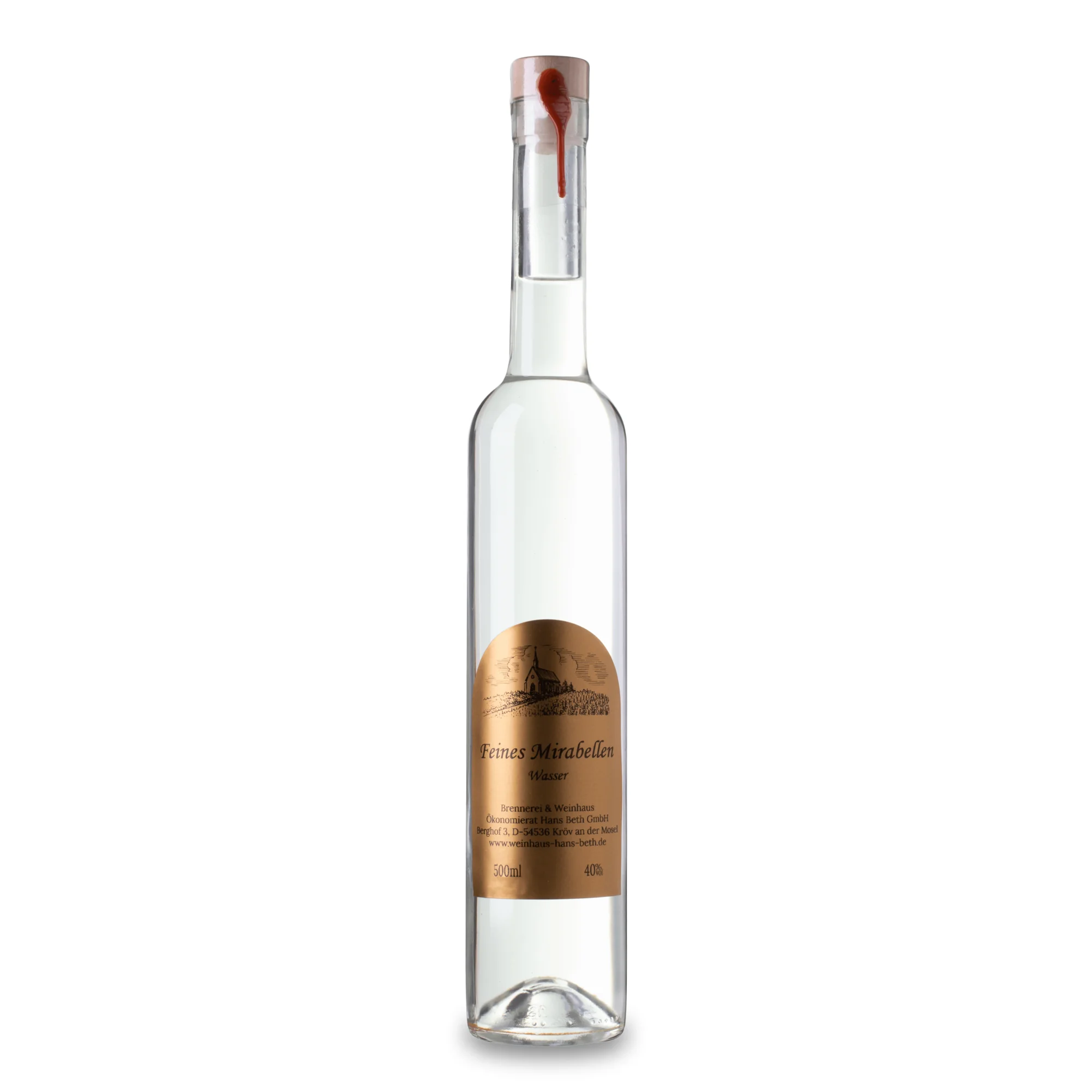 Mirabellen-Wasser, feinfruchtiger und traditioneller Obstbrand von Weinhaus Beth aus Kröv an der Mosel - Ansicht der 0,5L Flasche
